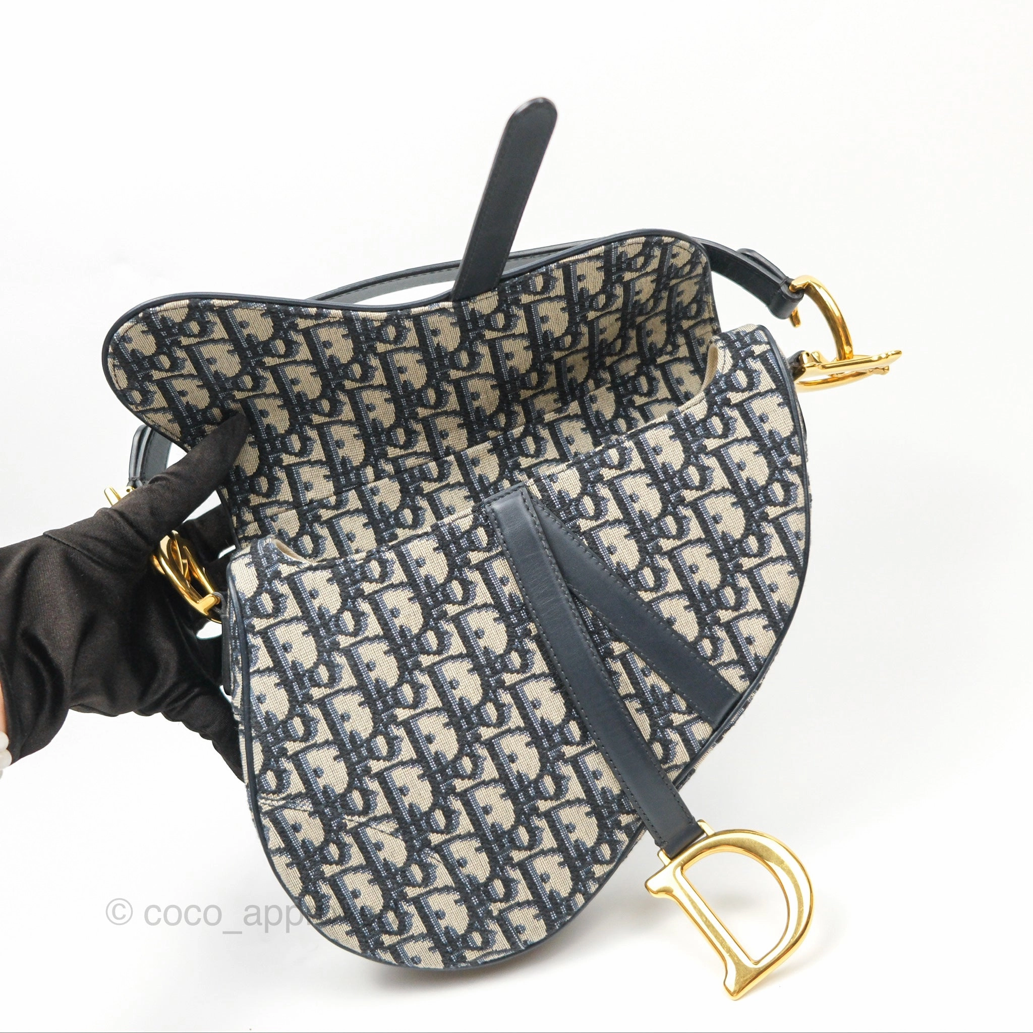 Christian Dior Saddle Bag Navy Dior Oblique Embroidery Gold Hardware