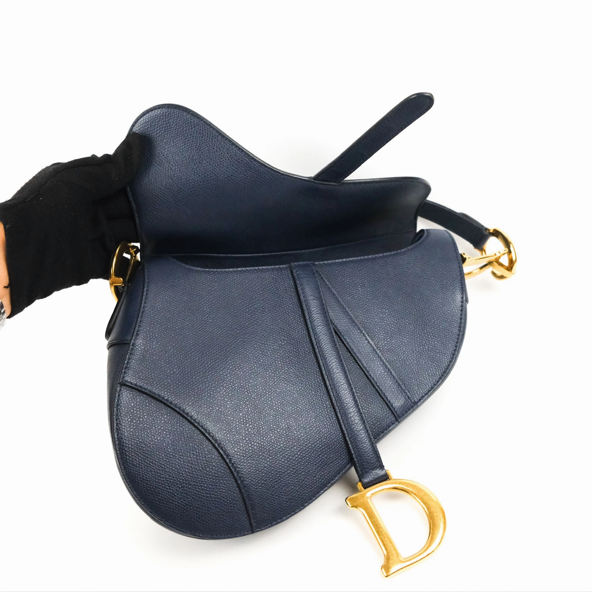 Christian Dior Saddle Bag Navy Grained Calfskin Gold Hardware