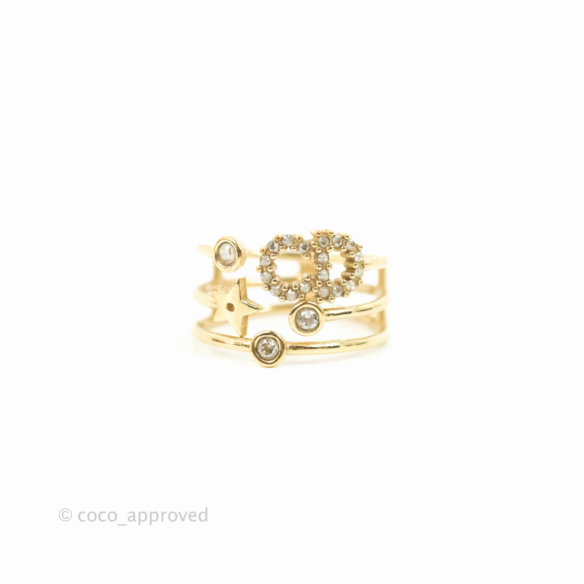 Christian Dior Shiny-D Ring Crystals Gold Tone Size S