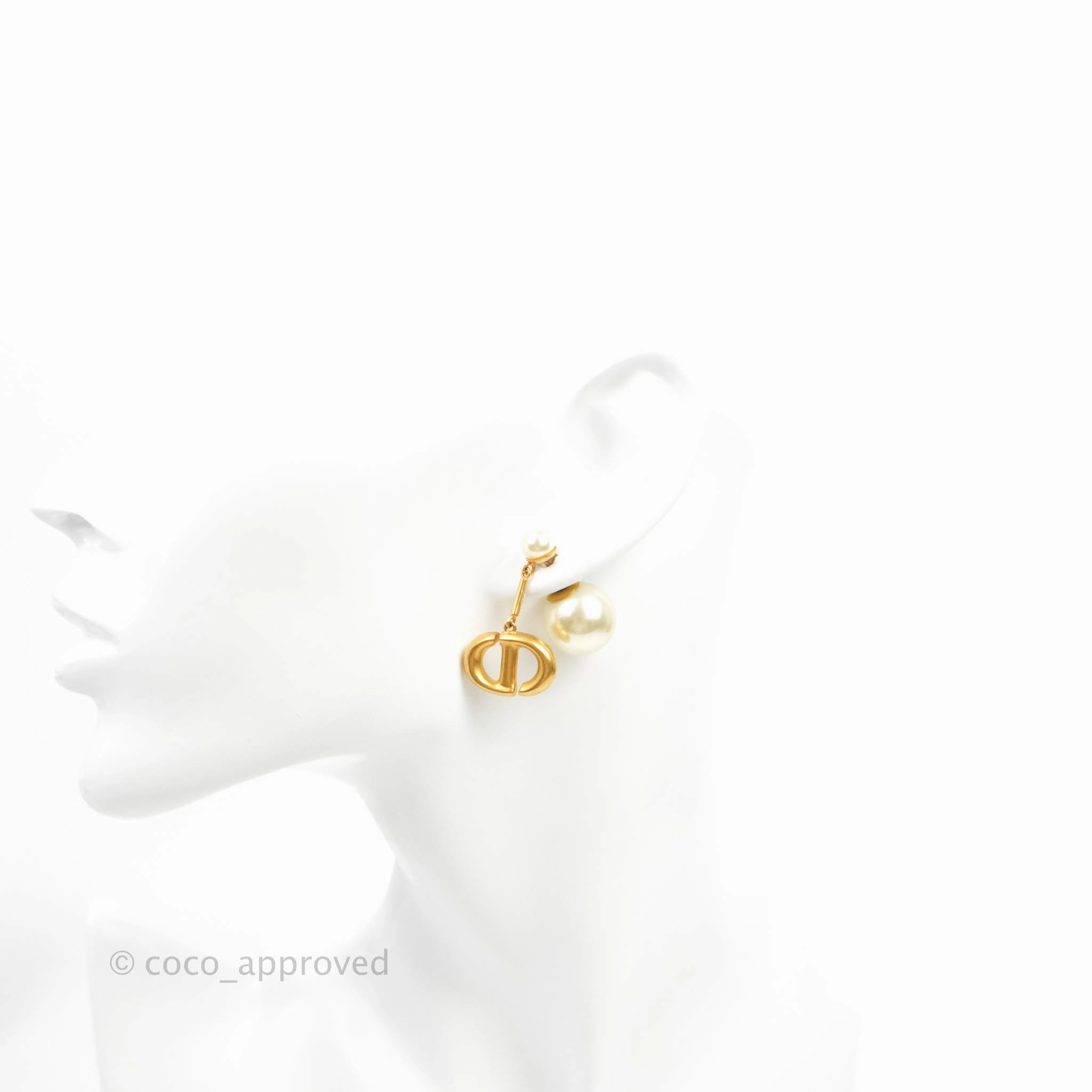 Christian Dior Tribales Pearl CD Drop Earrings Gold Tone