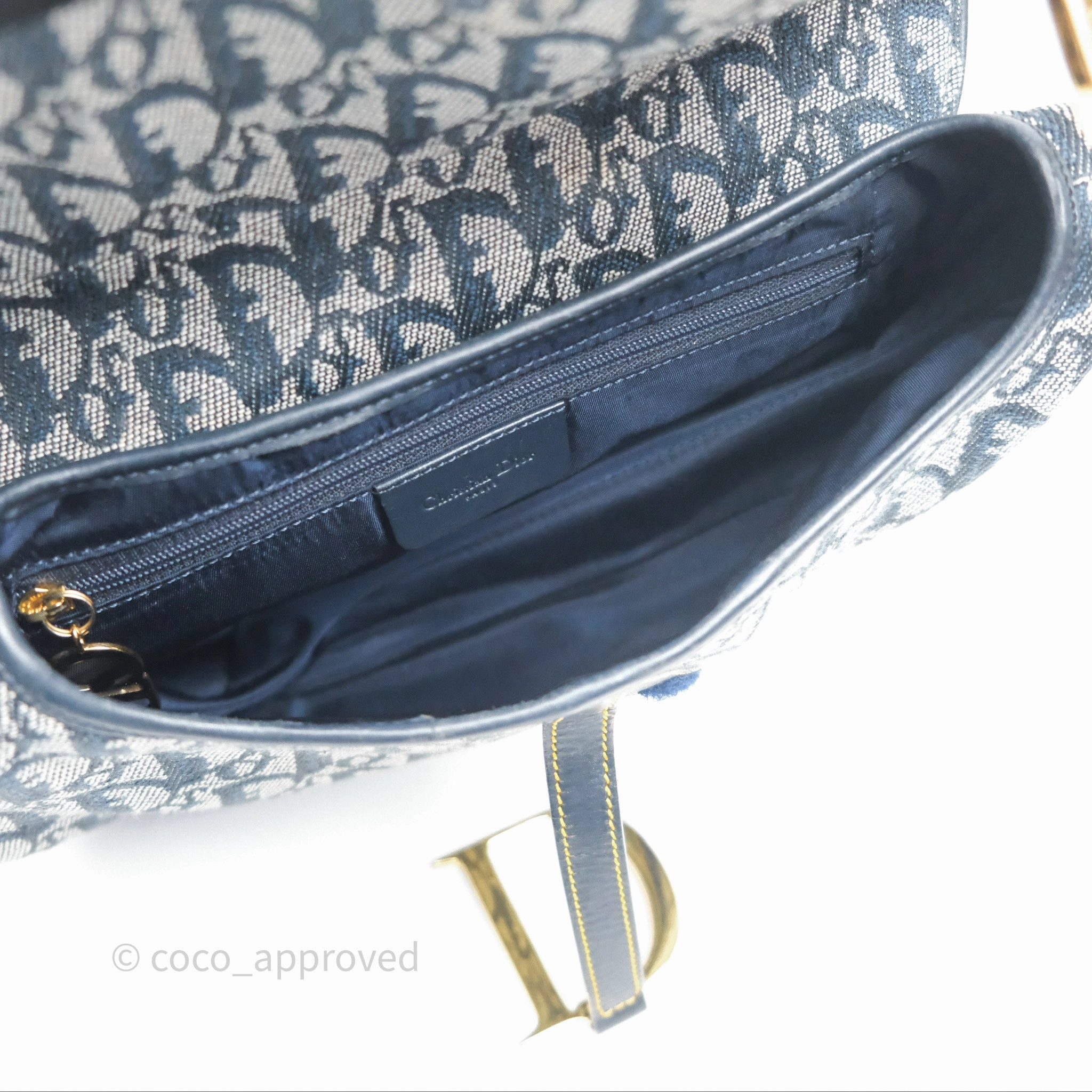 Christian Dior Vintage Saddle Bag Blue Oblique Jacquard Gold Hardware