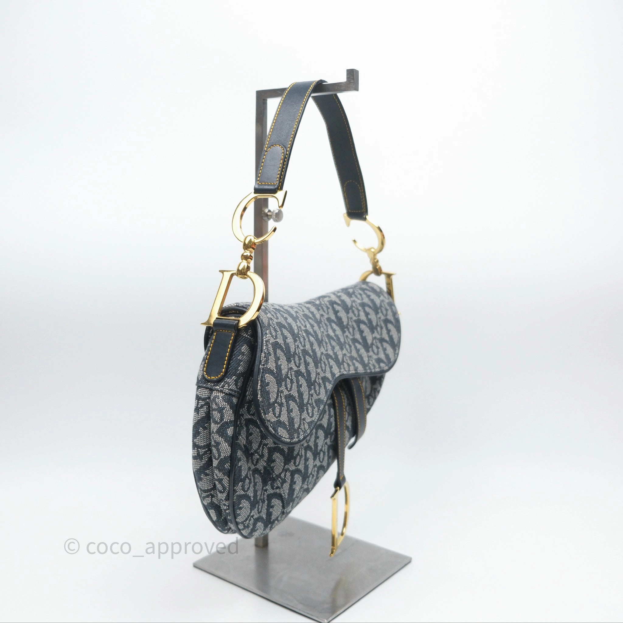 Christian Dior Vintage Saddle Bag Blue Oblique Jacquard Gold Hardware