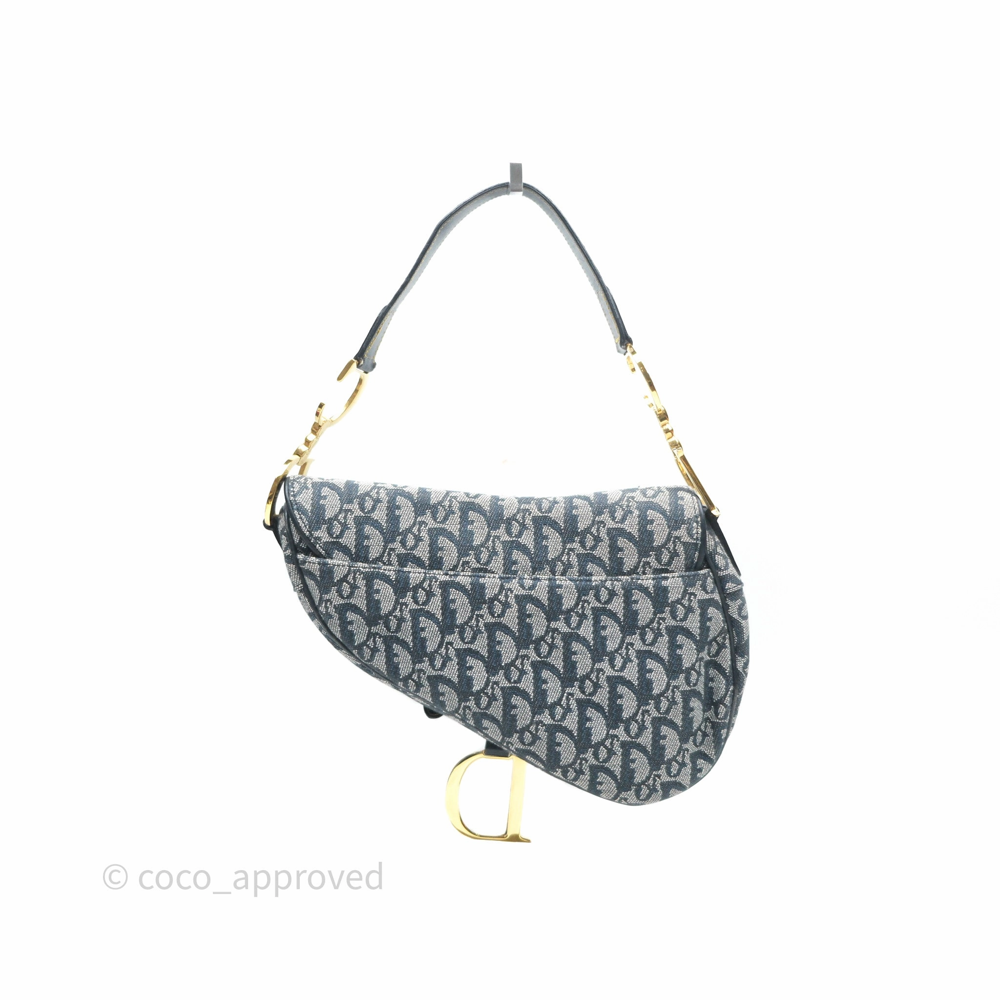 Christian Dior Vintage Saddle Bag Blue Oblique Jacquard Gold Hardware