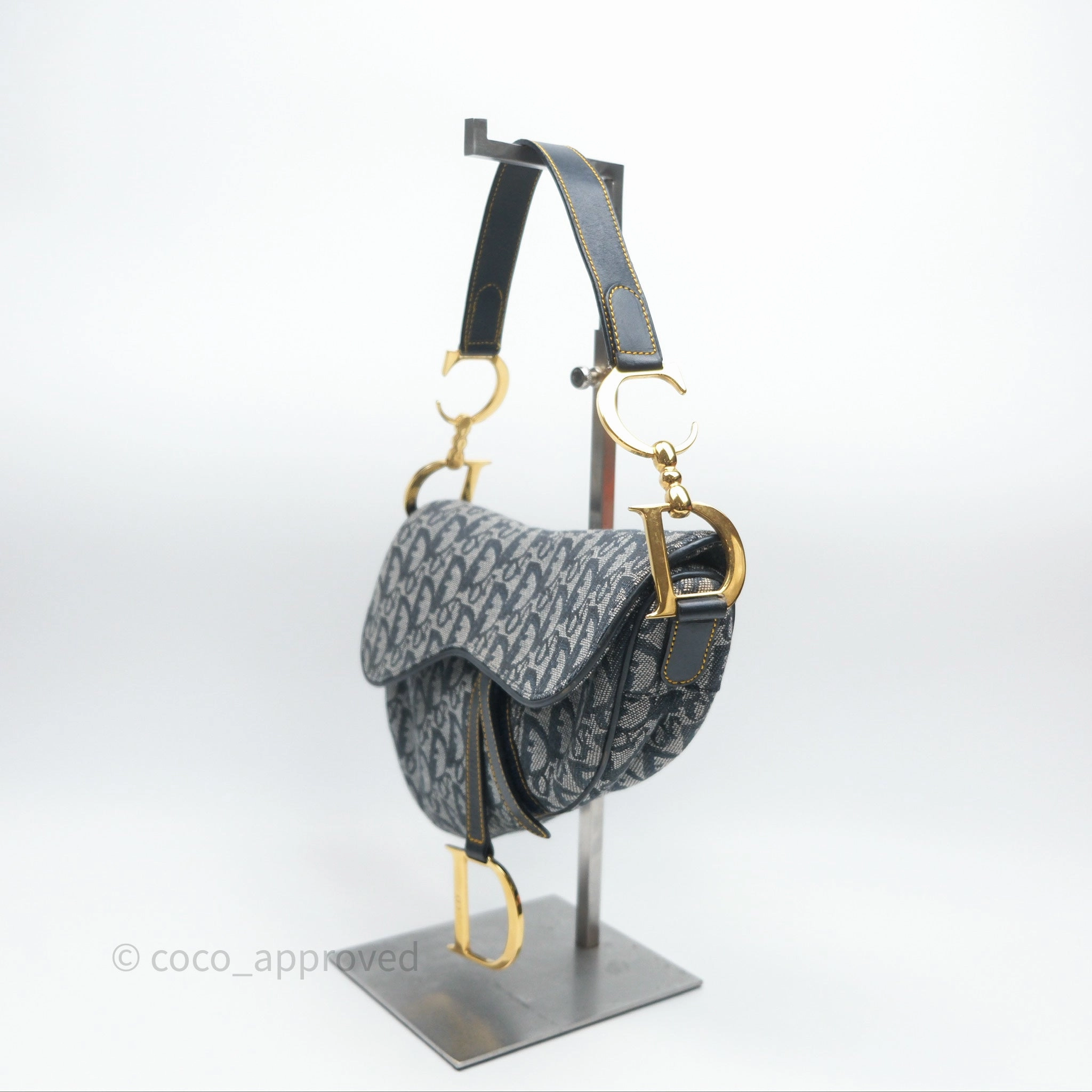 Christian Dior Vintage Saddle Bag Blue Oblique Jacquard Gold Hardware