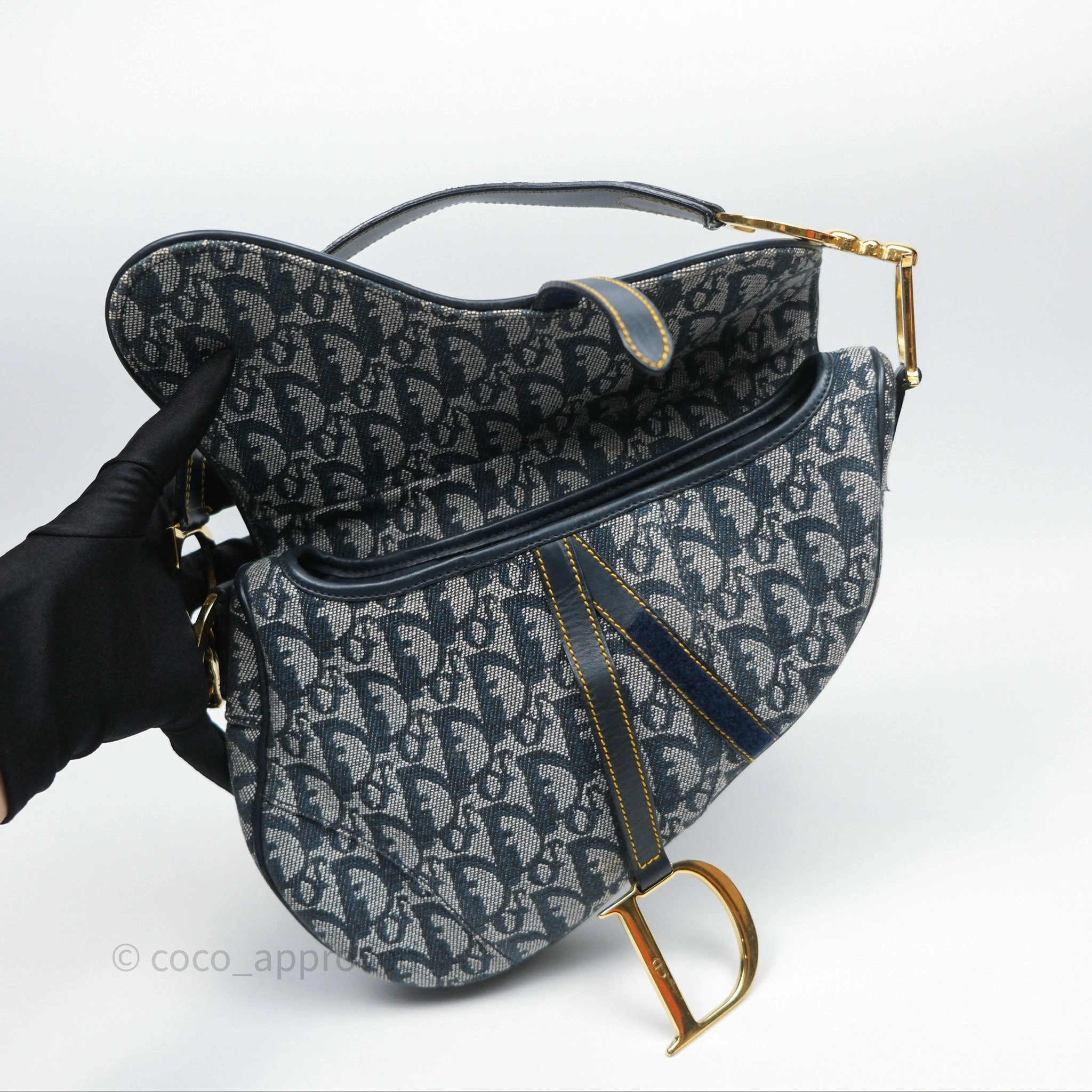 Christian Dior Vintage Saddle Bag Blue Oblique Jacquard Gold Hardware
