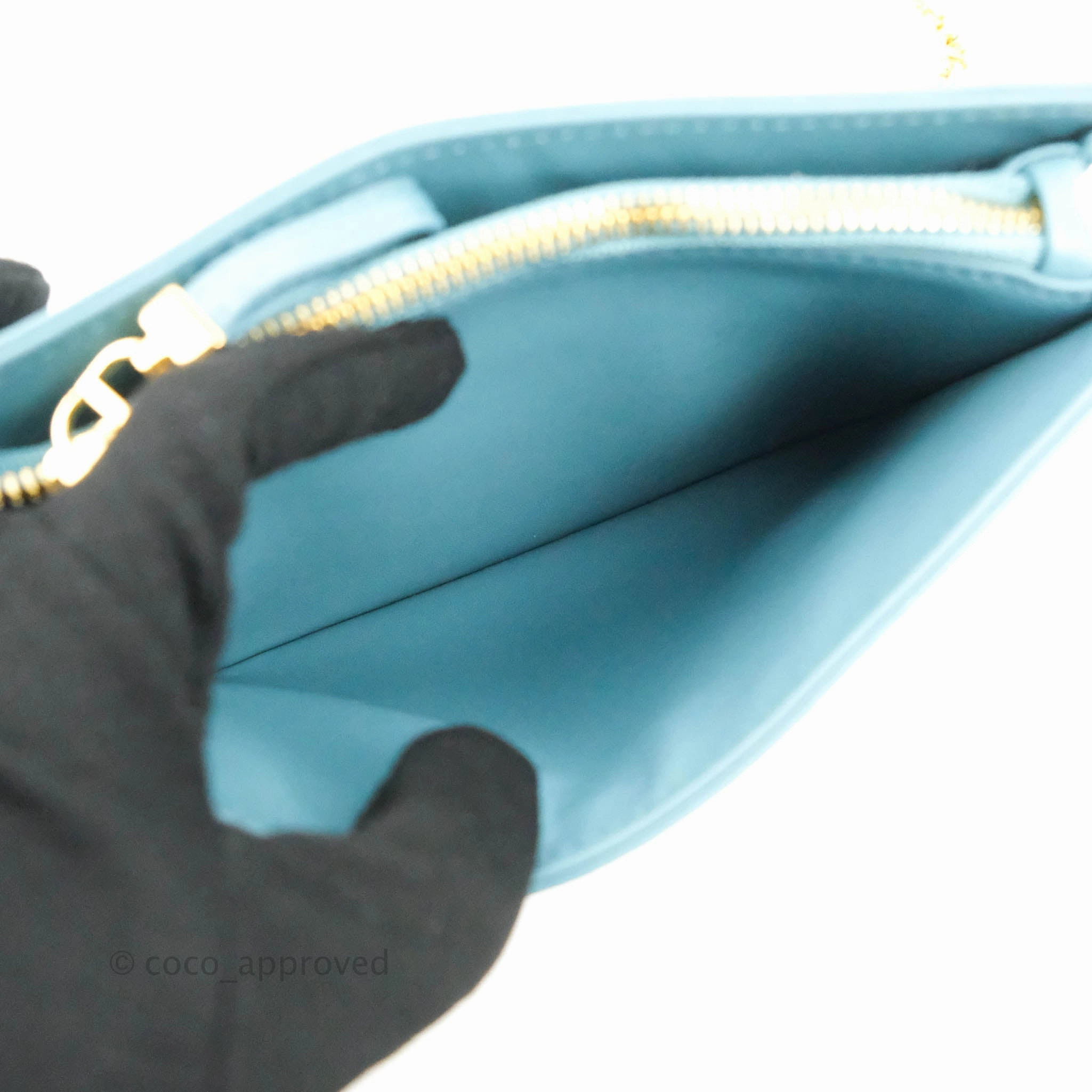 Dior Caro Zipped Pouch With Chain Azure Blue Supple Cannage Calfskin