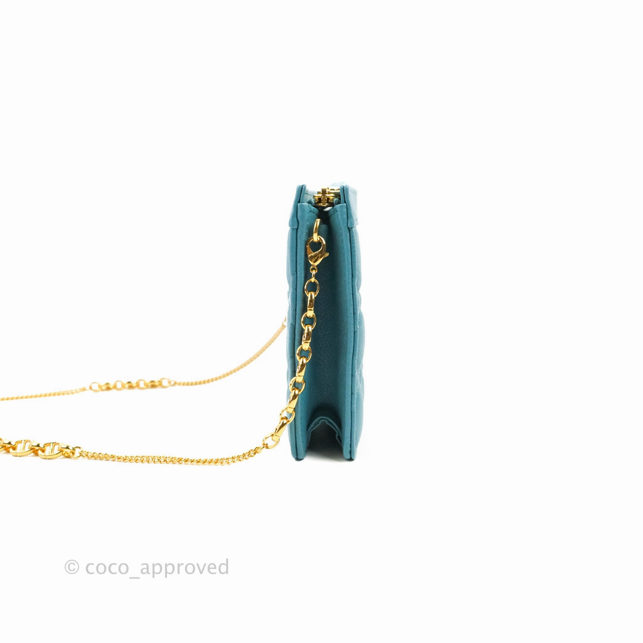 Dior Caro Zipped Pouch With Chain Azure Blue Supple Cannage Calfskin
