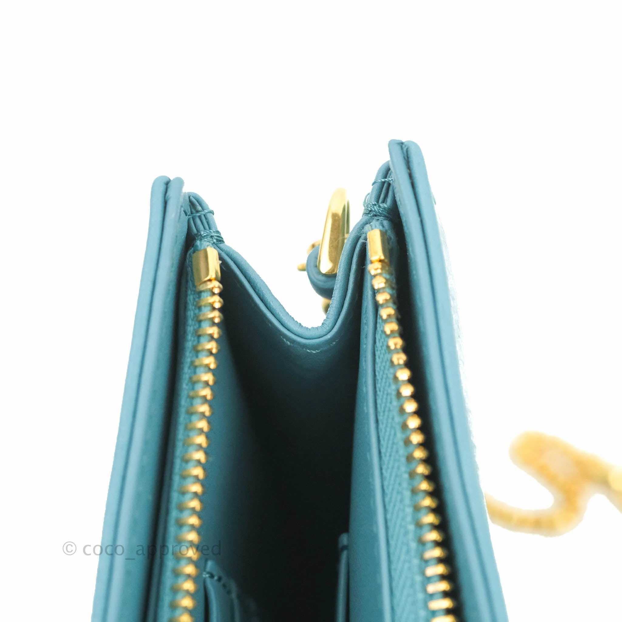 Dior Caro Zipped Pouch With Chain Azure Blue Supple Cannage Calfskin