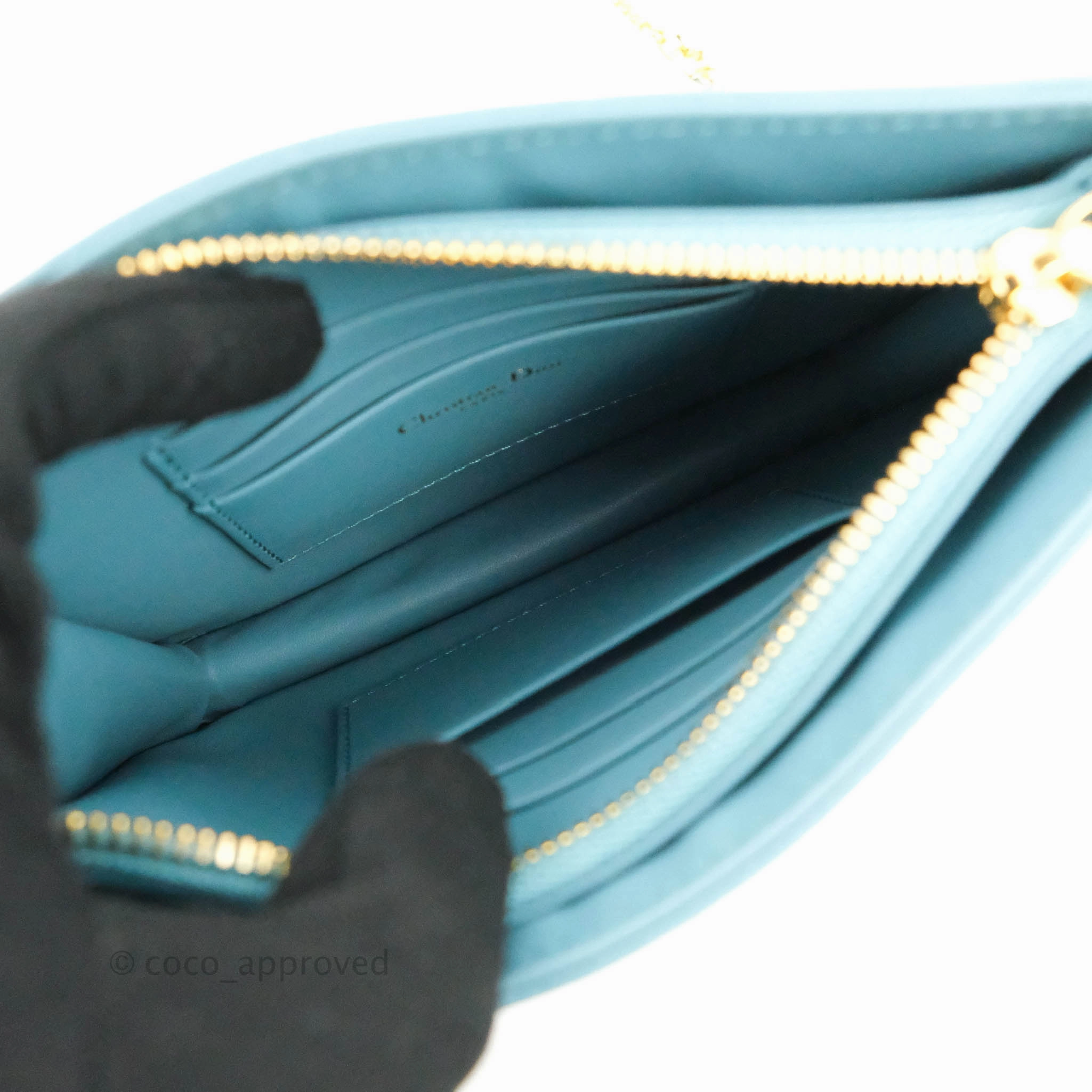 Dior Caro Zipped Pouch With Chain Azure Blue Supple Cannage Calfskin