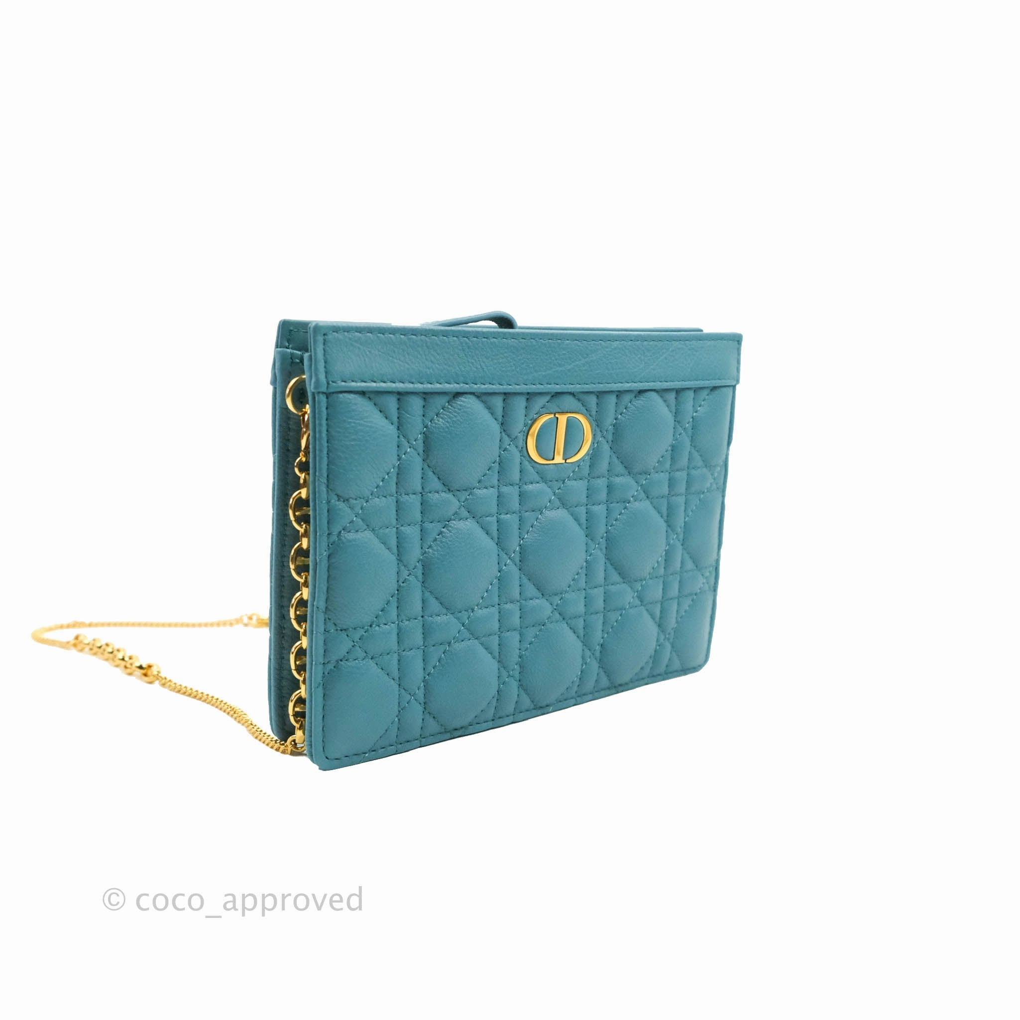 Dior Caro Zipped Pouch With Chain Azure Blue Supple Cannage Calfskin