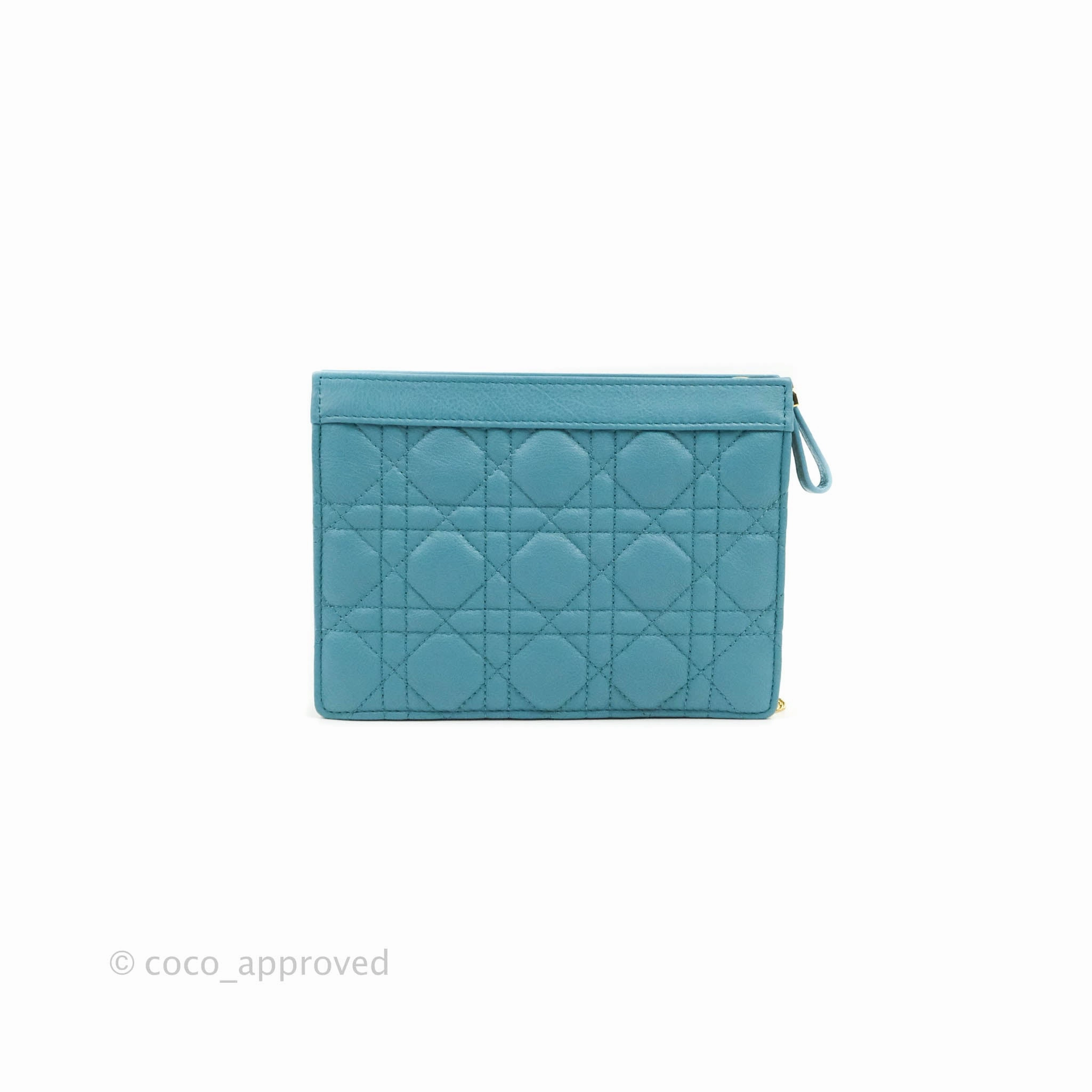 Dior Caro Zipped Pouch With Chain Azure Blue Supple Cannage Calfskin