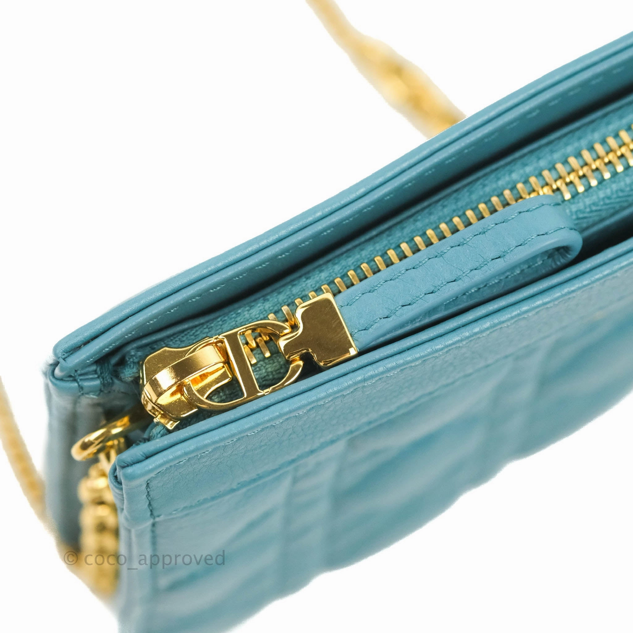Dior Caro Zipped Pouch With Chain Azure Blue Supple Cannage Calfskin