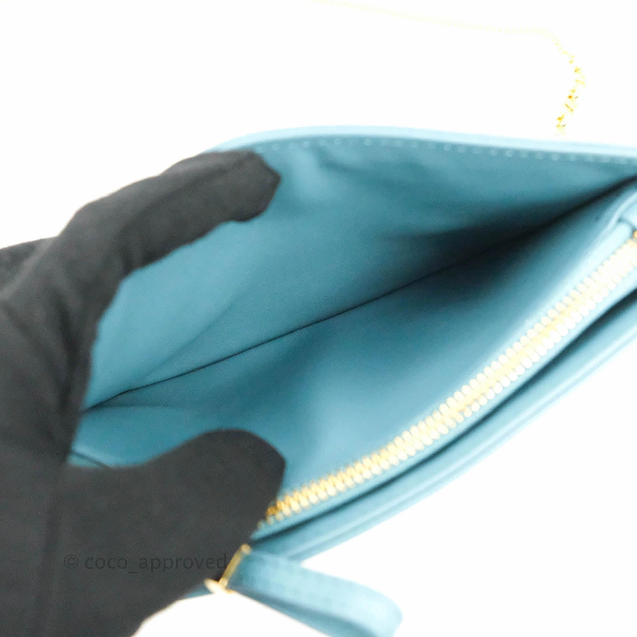 Dior Caro Zipped Pouch With Chain Azure Blue Supple Cannage Calfskin