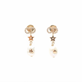 Dior CD Star Pearl Drop Earrings Gold Tone