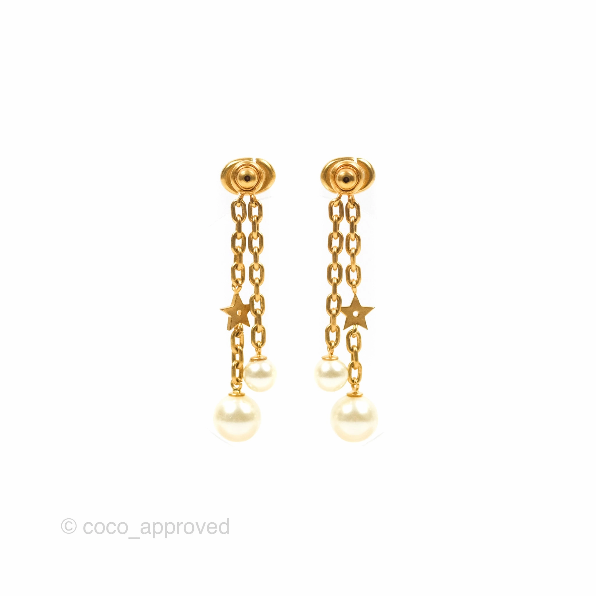Dior CD Star Pearl Drop Earrings Matte Gold Tone