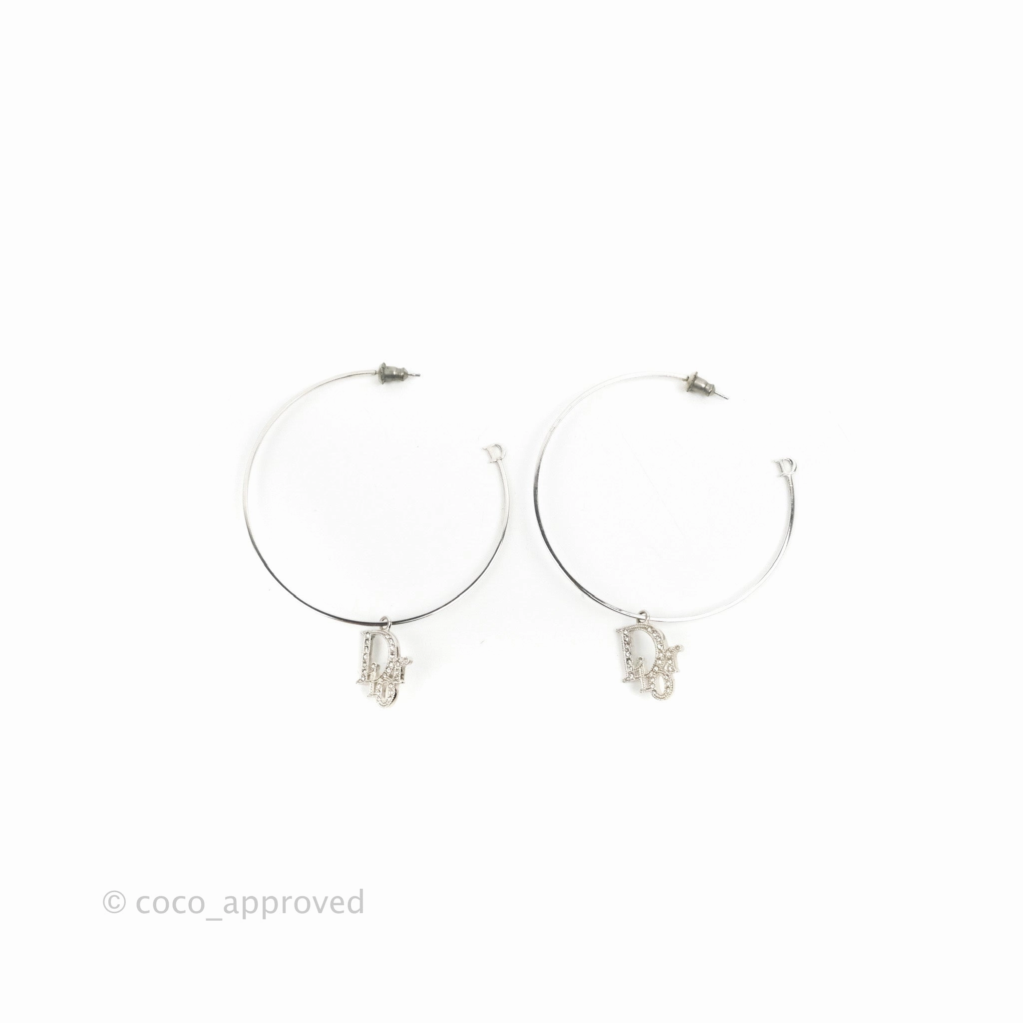 Dior Crystal Logo Hoop Earrings Silver Tone