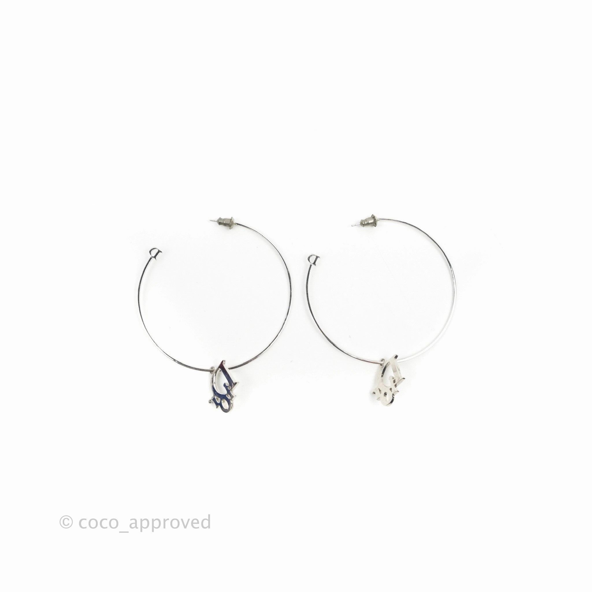 Dior Crystal Logo Hoop Earrings Silver Tone