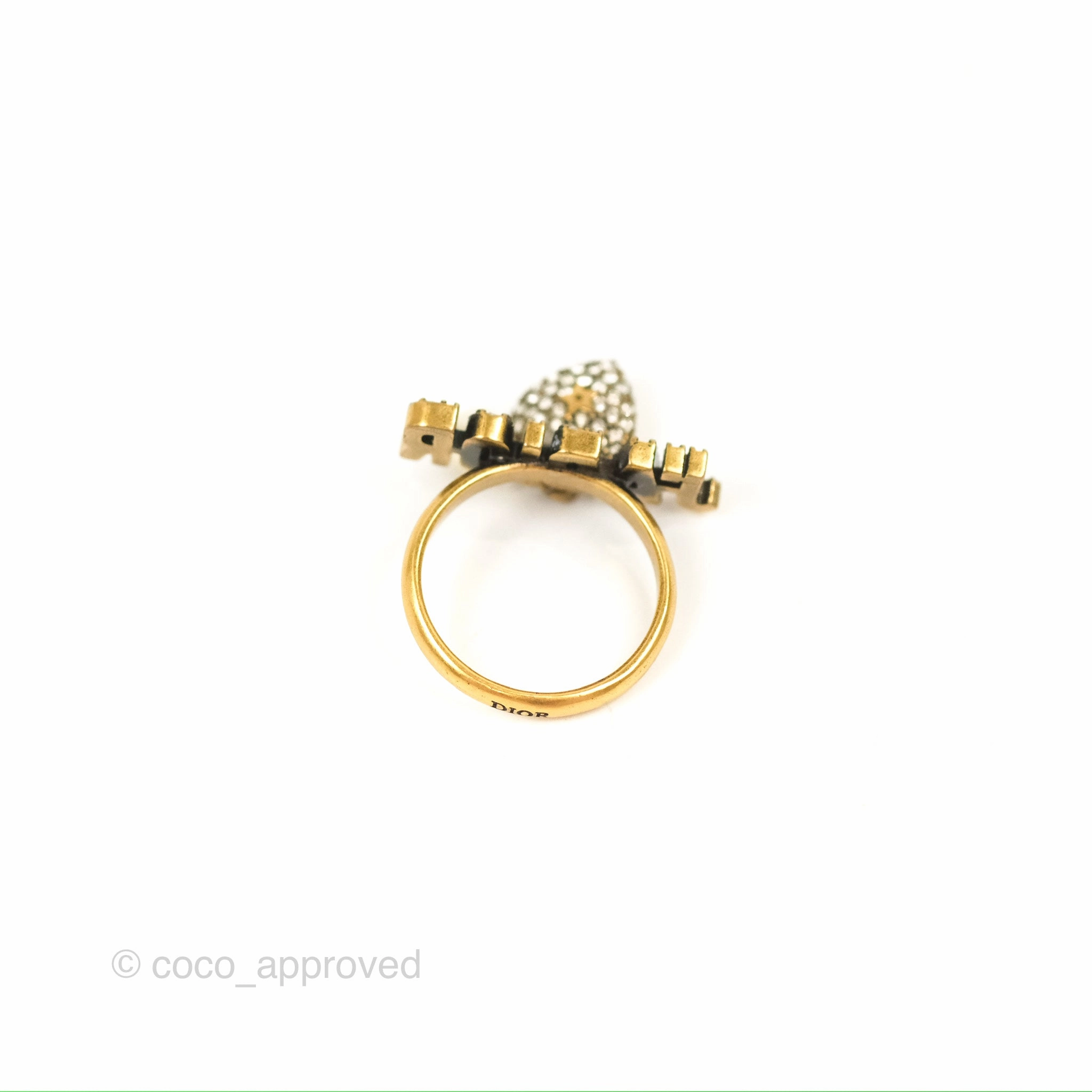 Dior J'adior Crystal Drop Charm Ring Set Antique Gold Tone