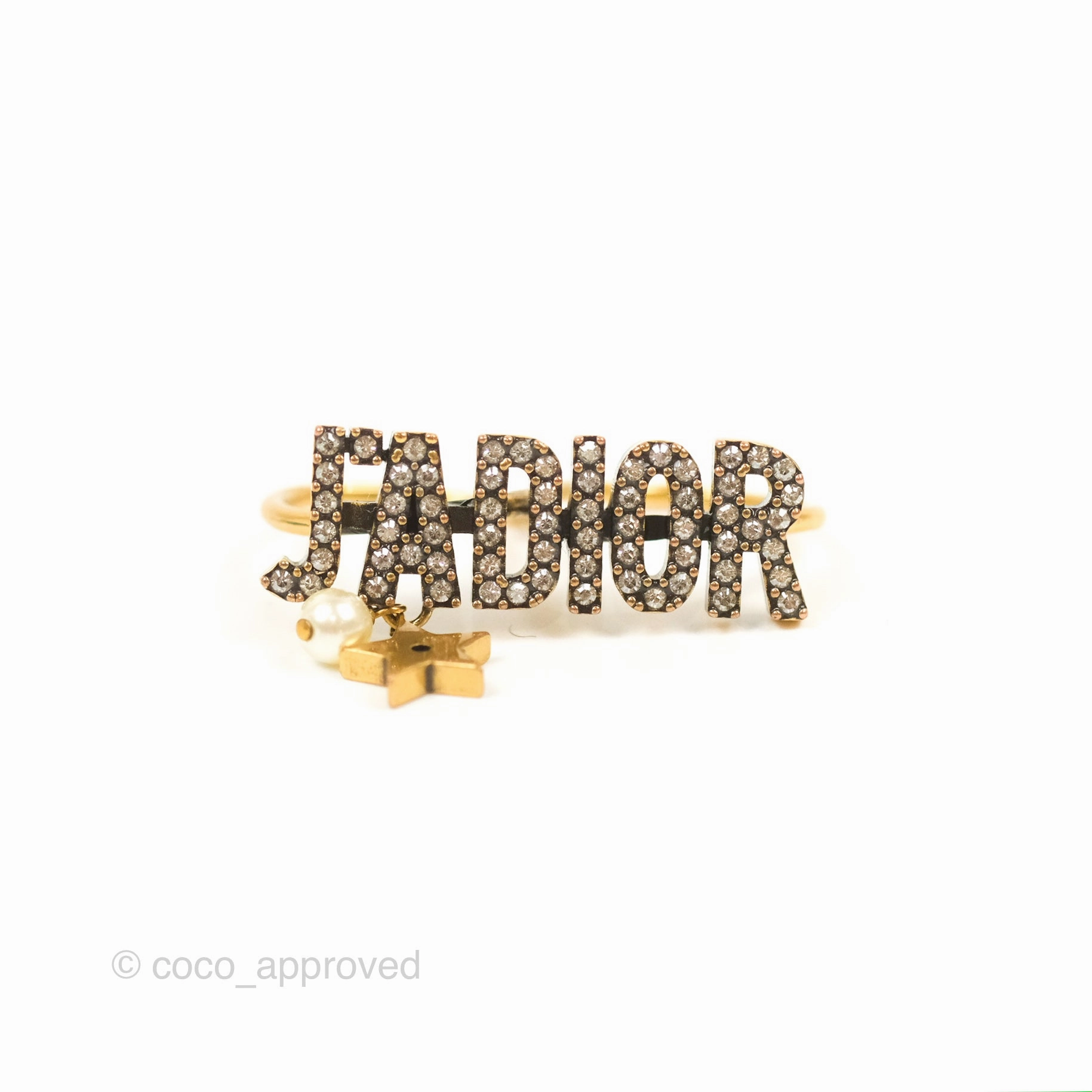 Dior J'adior Crystal Drop Charm Ring Set Antique Gold Tone
