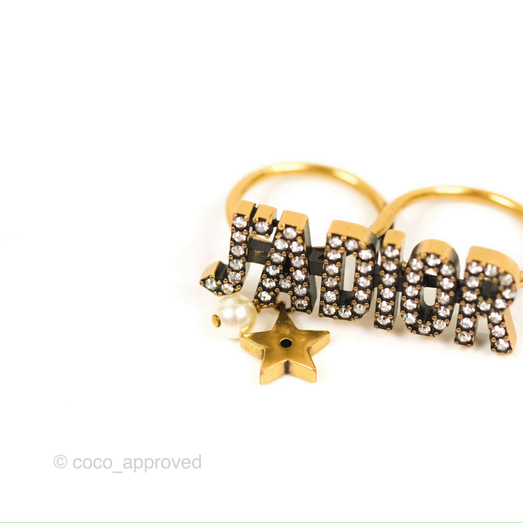 Dior J'adior Crystal Drop Charm Ring Set Antique Gold Tone