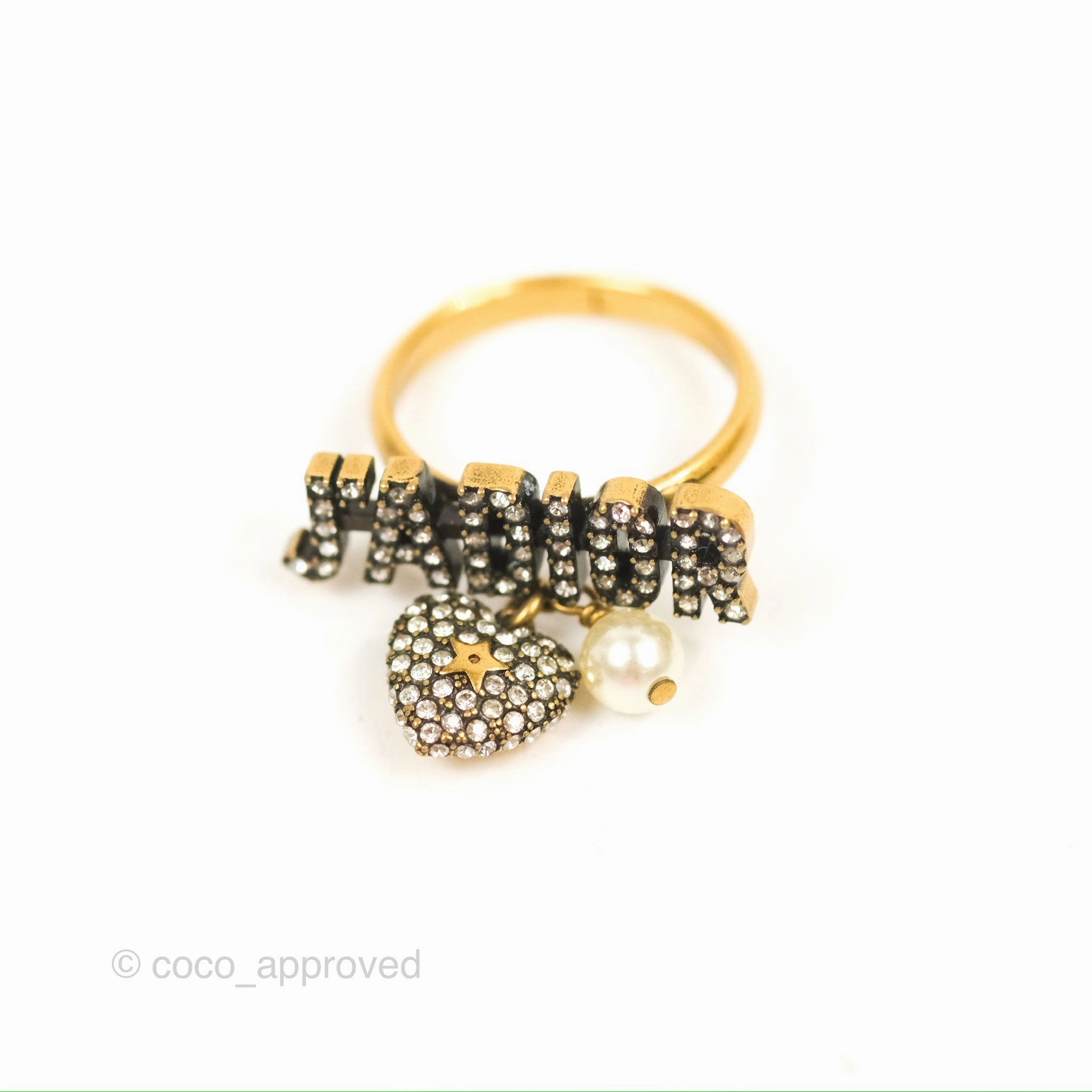 Dior J'adior Crystal Drop Charm Ring Set Antique Gold Tone