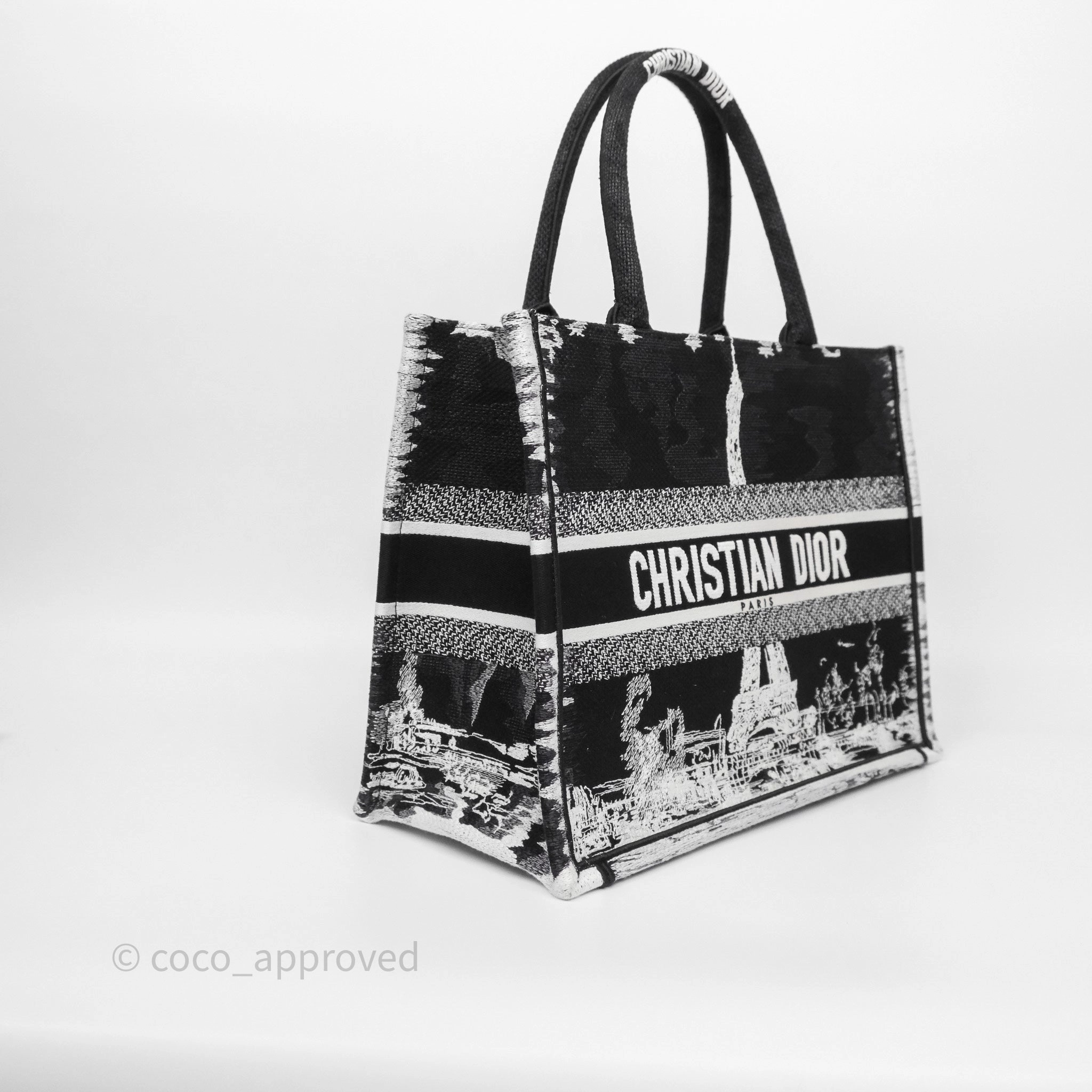 Dior Medium Book Tote Paris Embroidered Black White