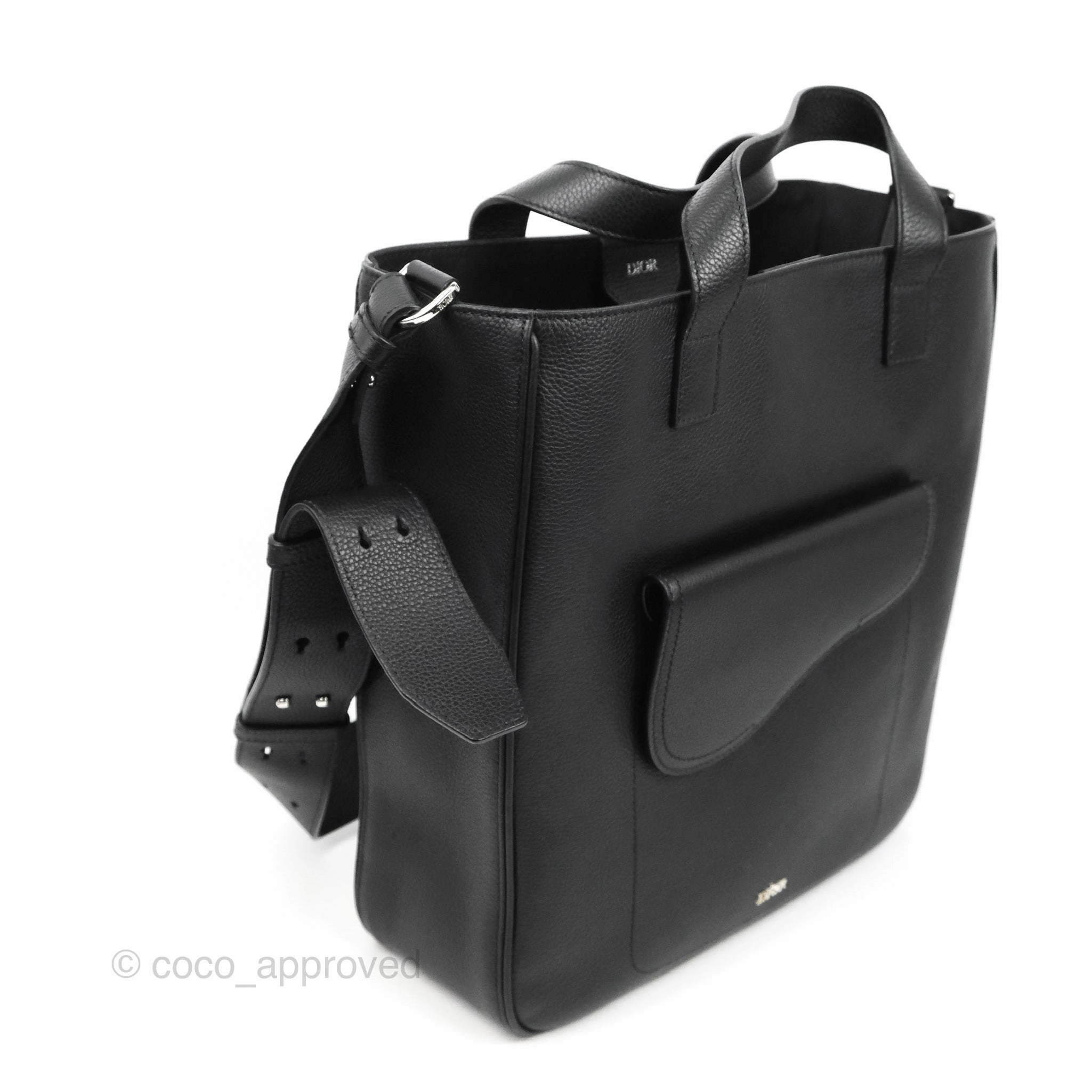 Dior Men's Saddle Tote Bag with Shoulder Strap Black Grained Leather