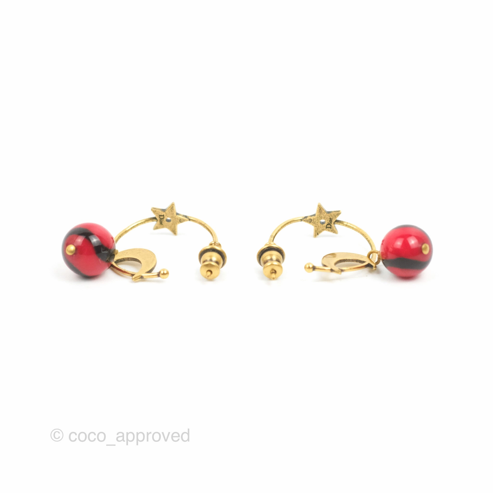 Dior Round Moon Star Drop Red Bead Earrings Aged Gold