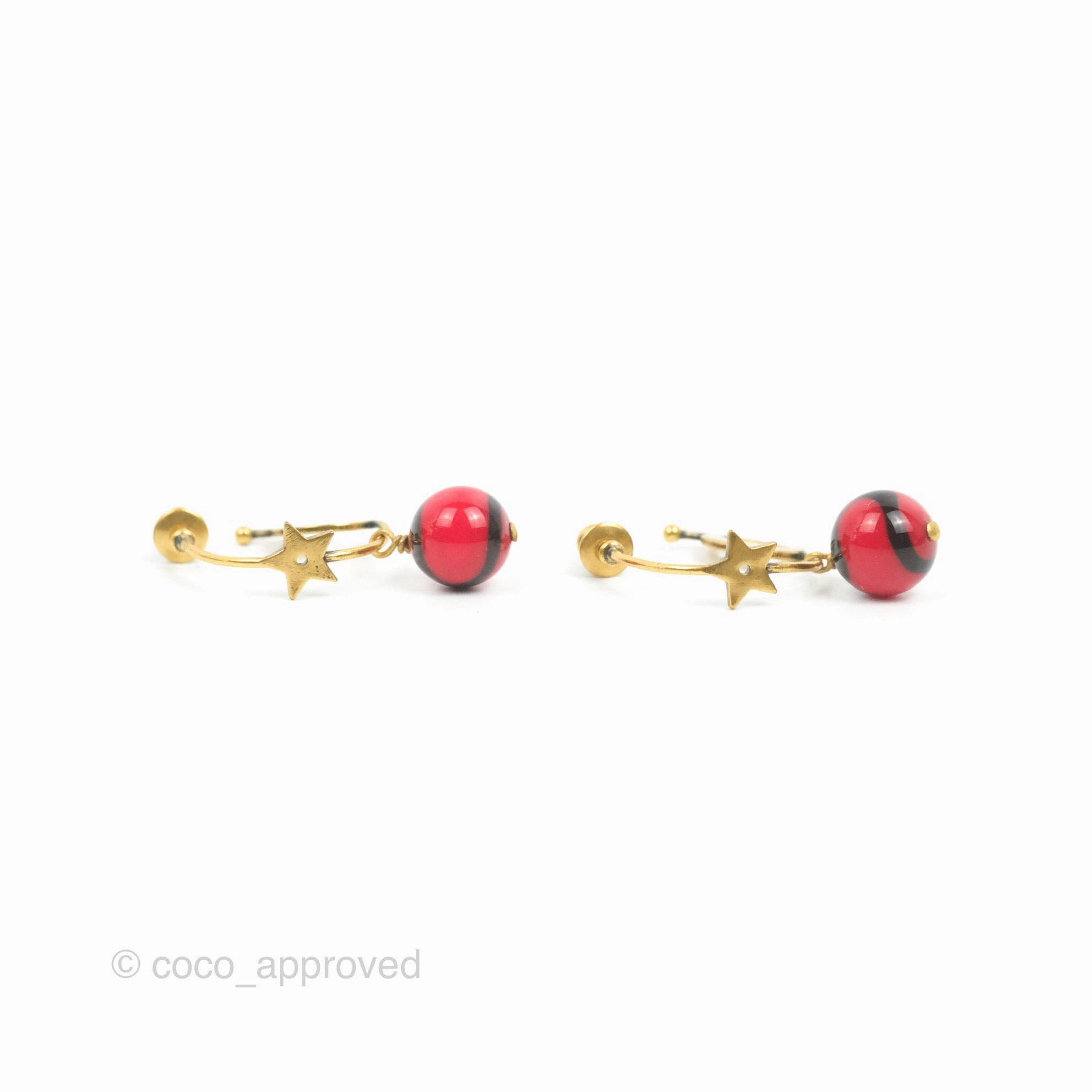 Dior Round Moon Star Drop Red Bead Earrings Aged Gold