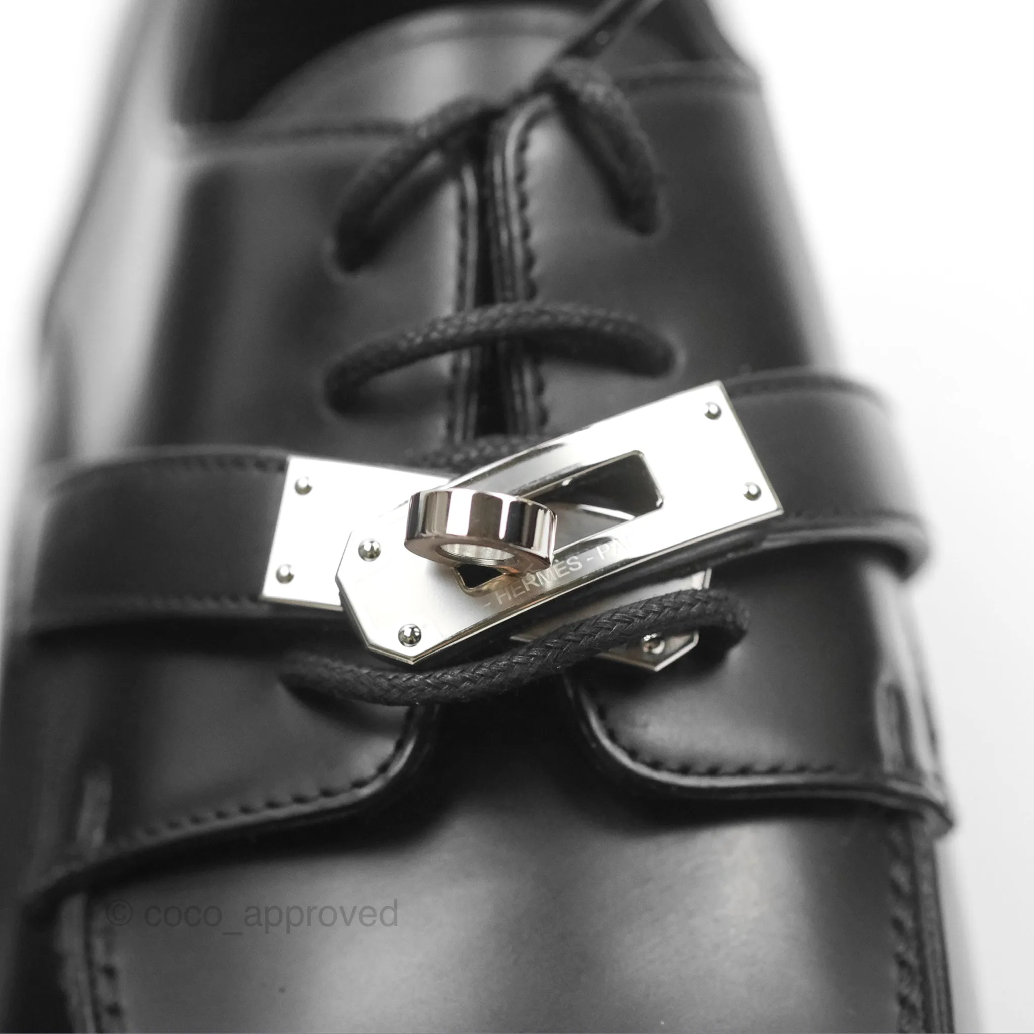 Hermes First Derby Shoe Black Glazed Calfskin Palladium Hardware