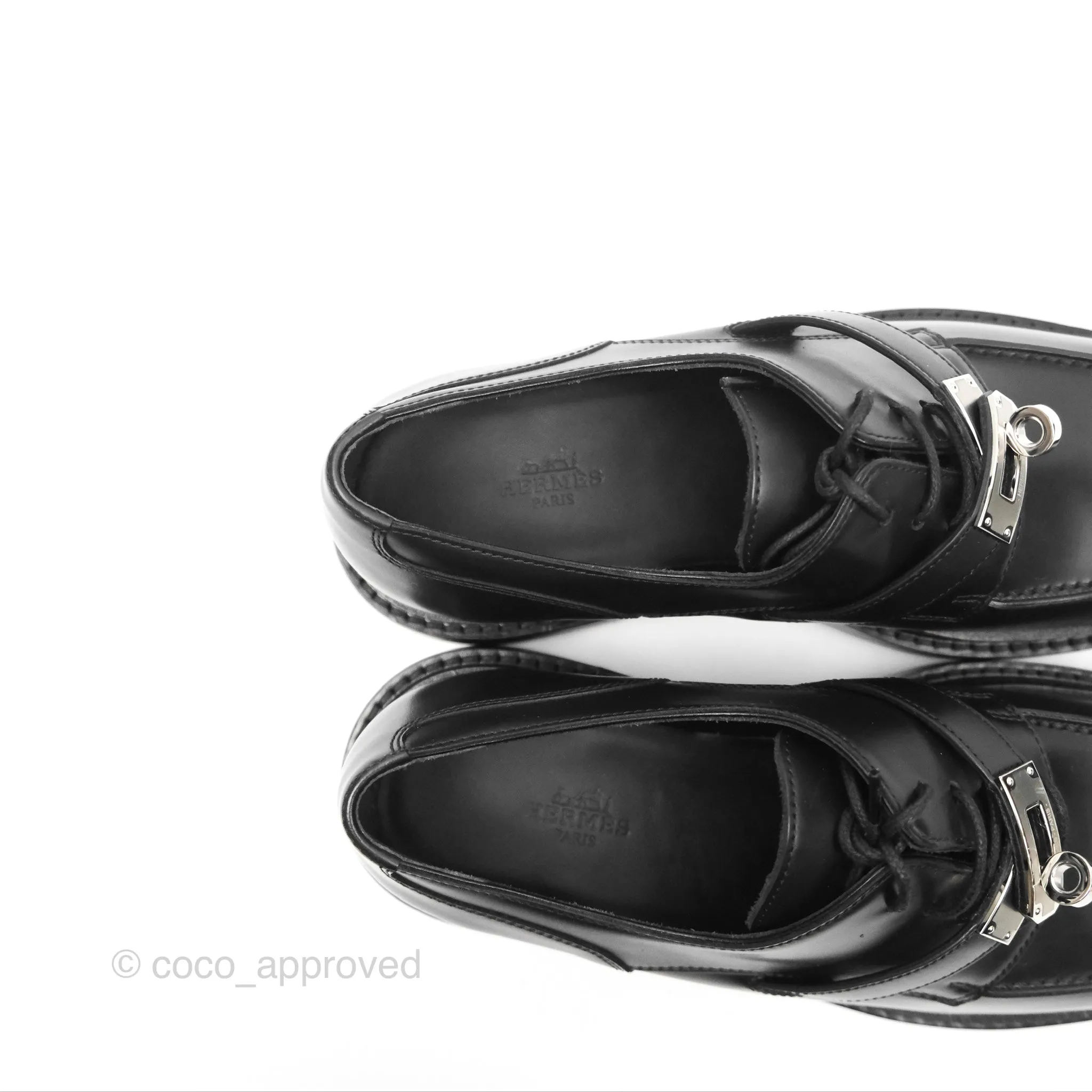 Hermes First Derby Shoe Black Glazed Calfskin Palladium Hardware