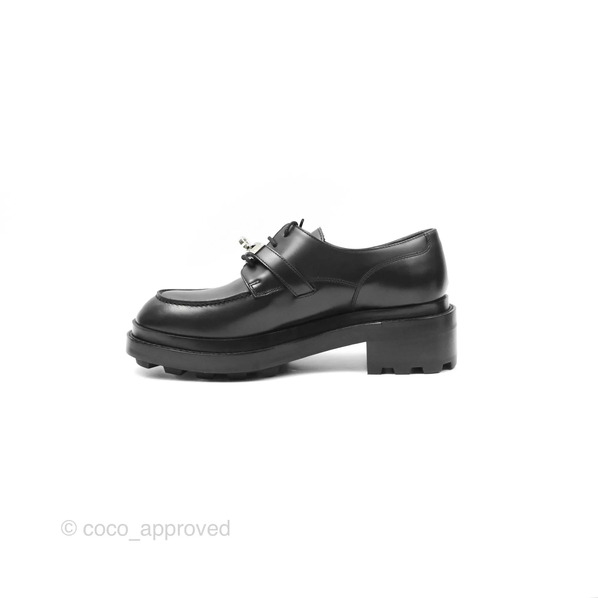 Hermes First Derby Shoe Black Glazed Calfskin Palladium Hardware