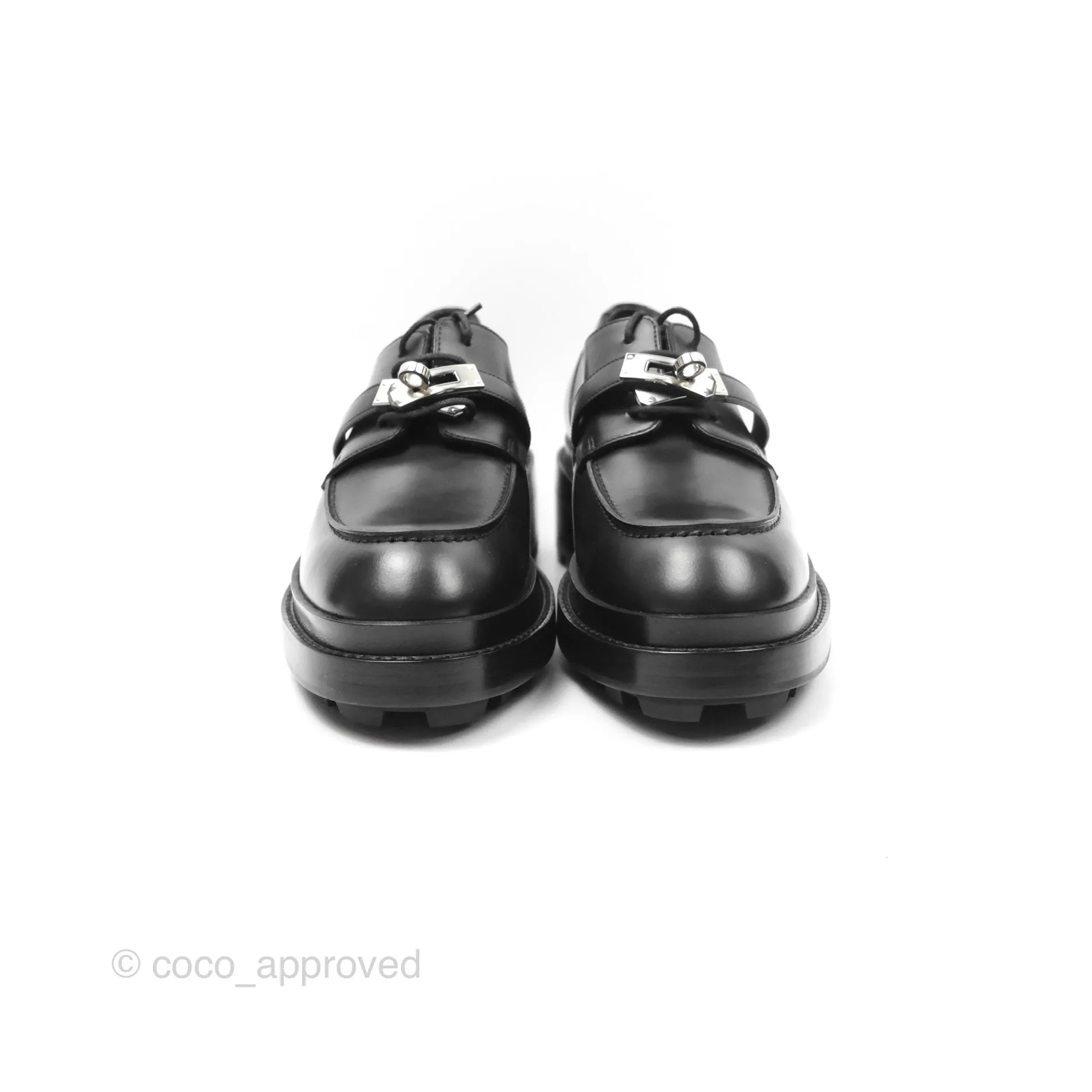 Hermes First Derby Shoe Black Glazed Calfskin Palladium Hardware