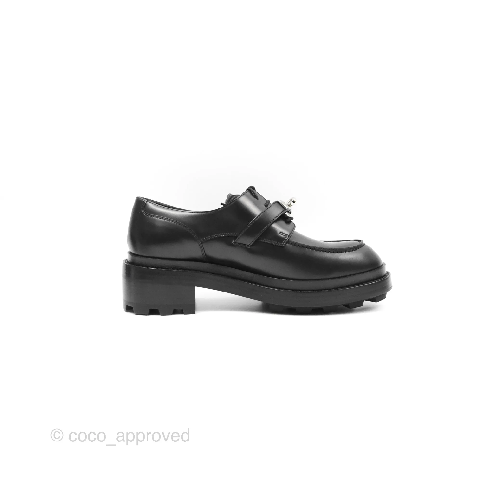 Hermes First Derby Shoe Black Glazed Calfskin Palladium Hardware