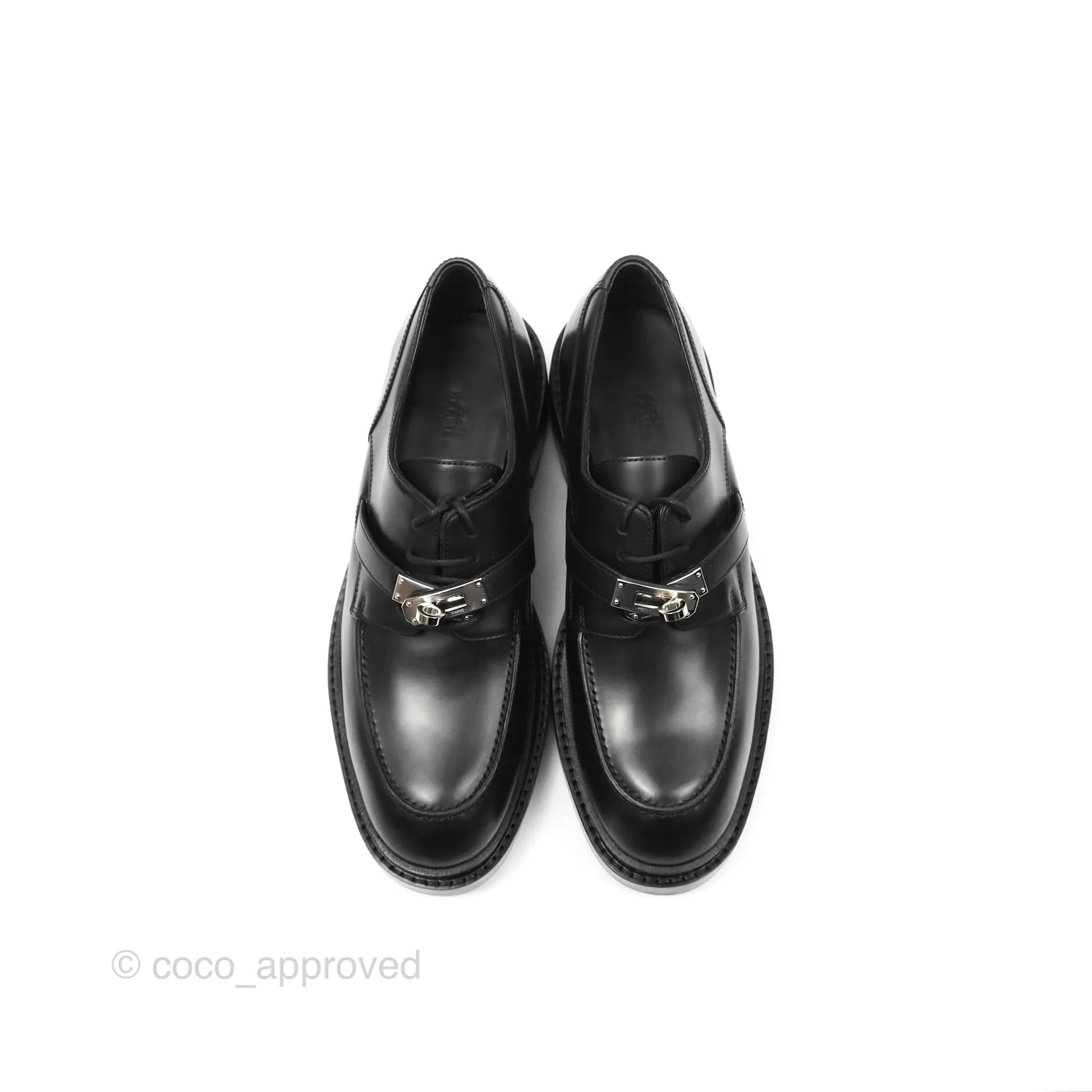 Hermes First Derby Shoe Black Glazed Calfskin Palladium Hardware