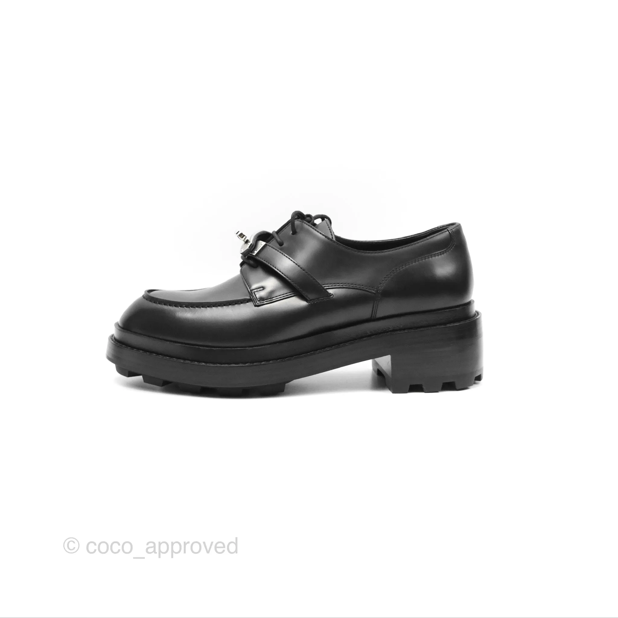 Hermes First Derby Shoe Black Glazed Calfskin Palladium Hardware