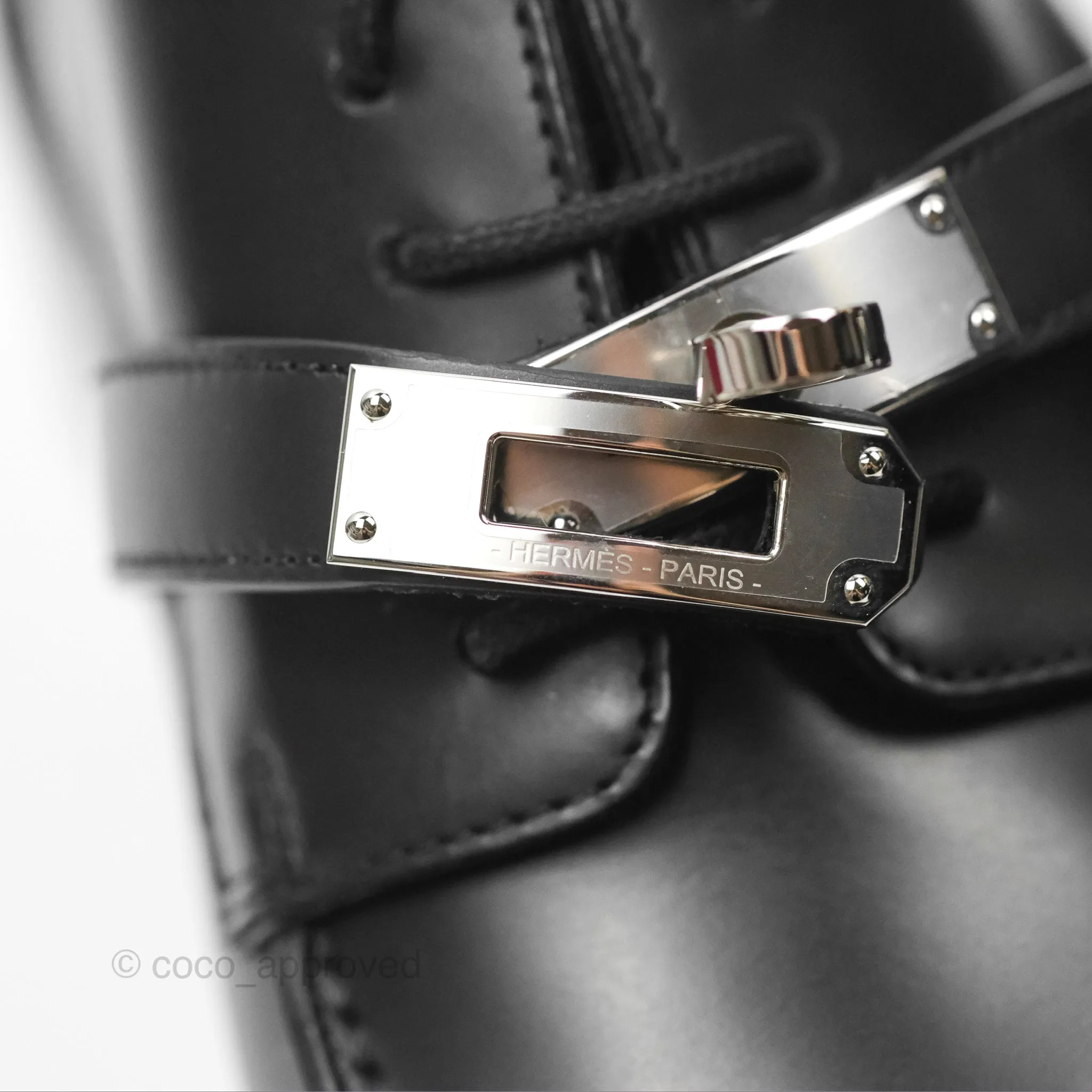 Hermes First Derby Shoe Black Glazed Calfskin Palladium Hardware