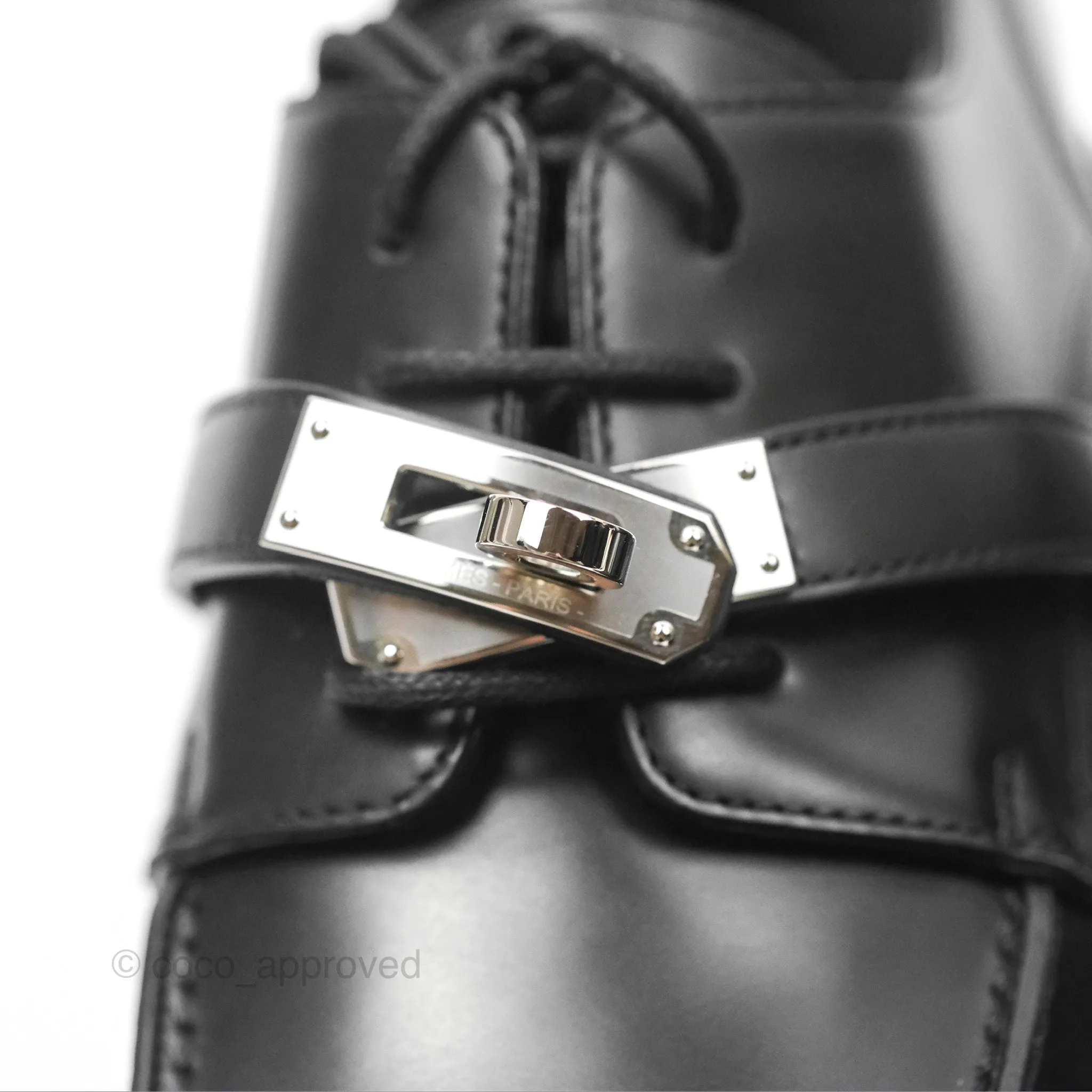 Hermes First Derby Shoe Black Glazed Calfskin Palladium Hardware