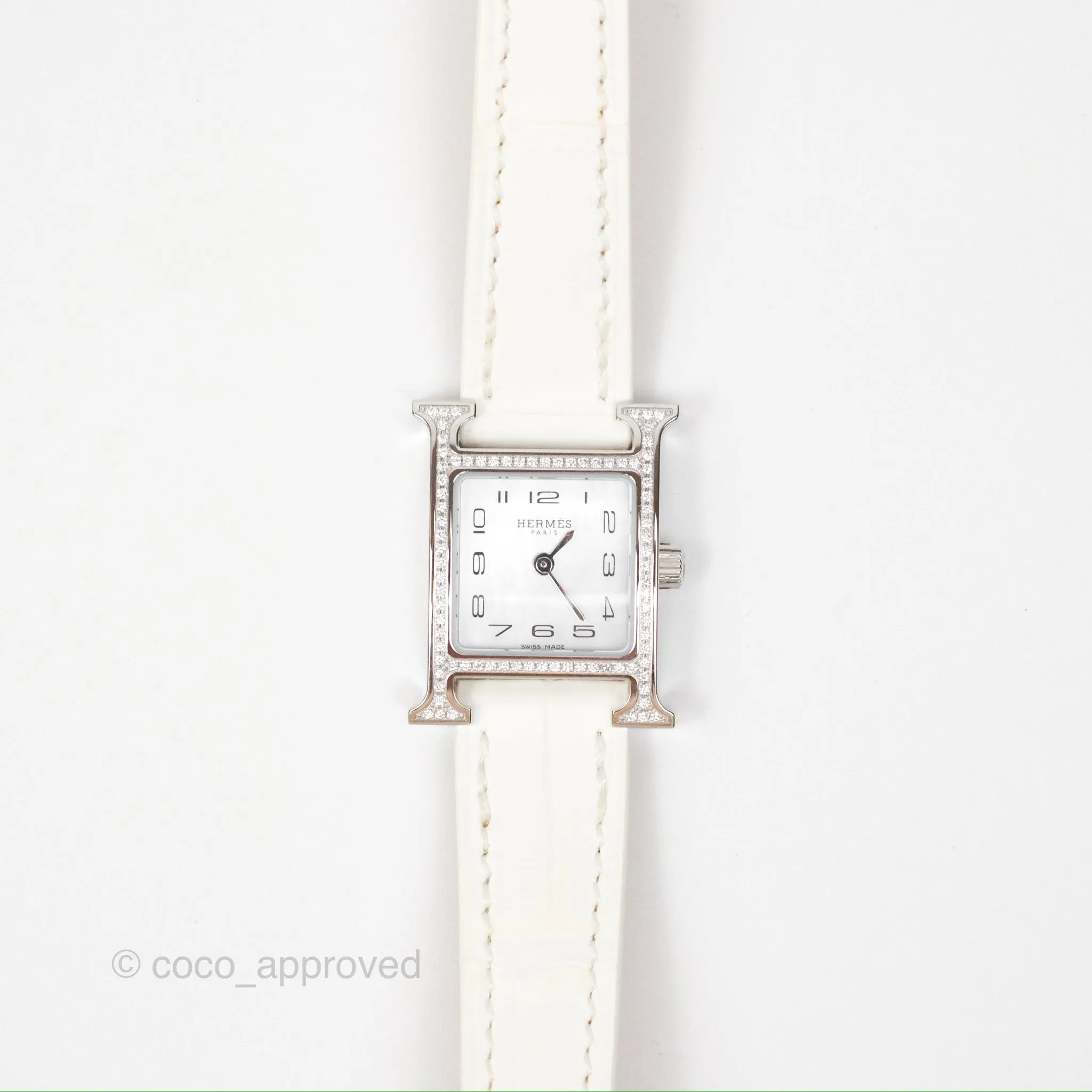 Hermes Heure H Watch Mini Diamonds White Mother-of-pearl White Alligator Leather