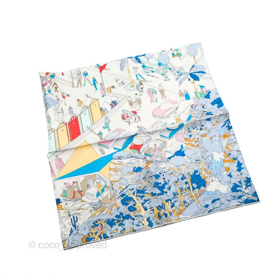 Hermes On The Beach Scarf 90 Gris Argent / Bleu / Grenadine