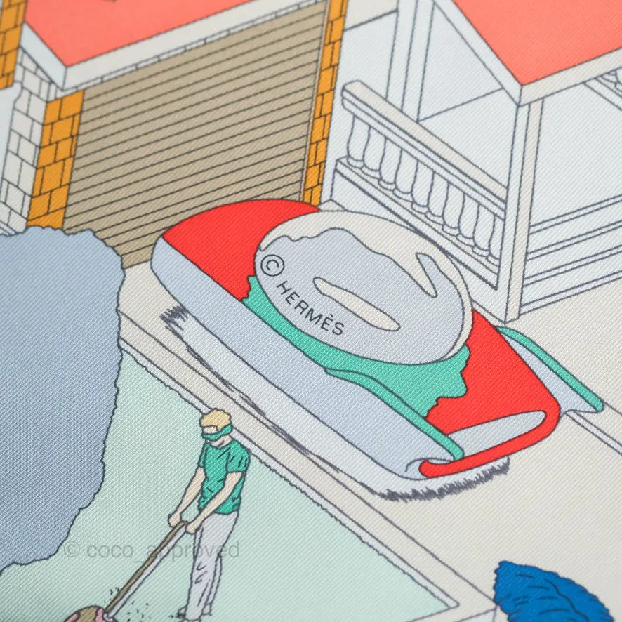 Hermes On The Beach Scarf 90 Gris Argent / Bleu / Grenadine