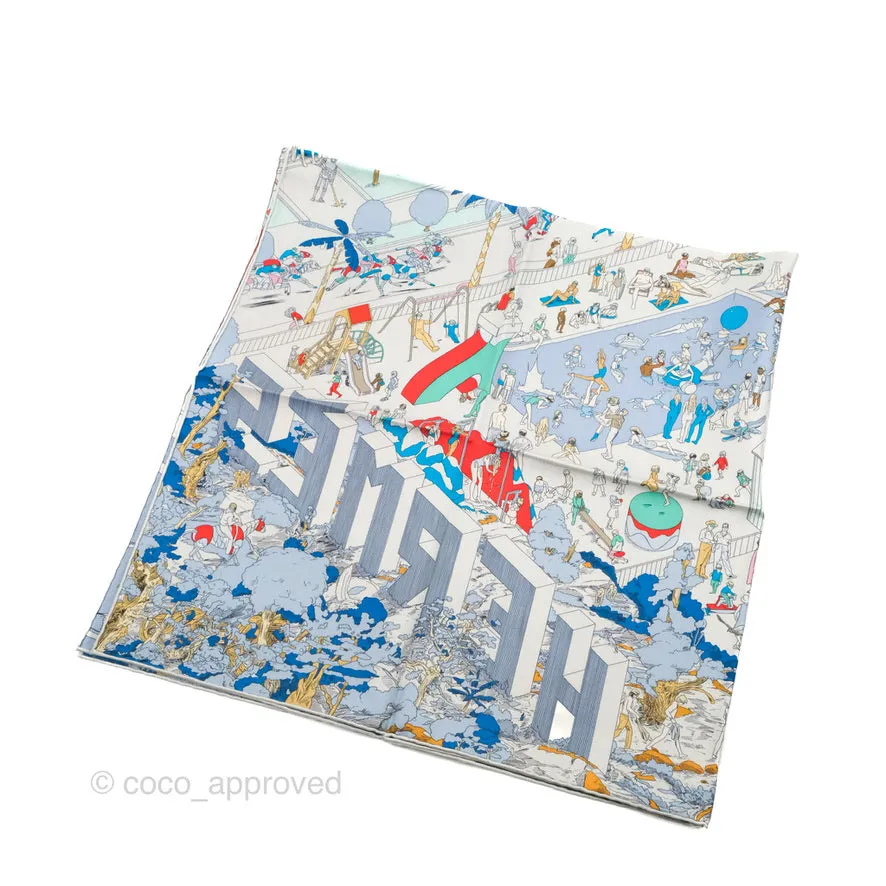 Hermes On The Beach Scarf 90 Gris Argent / Bleu / Grenadine