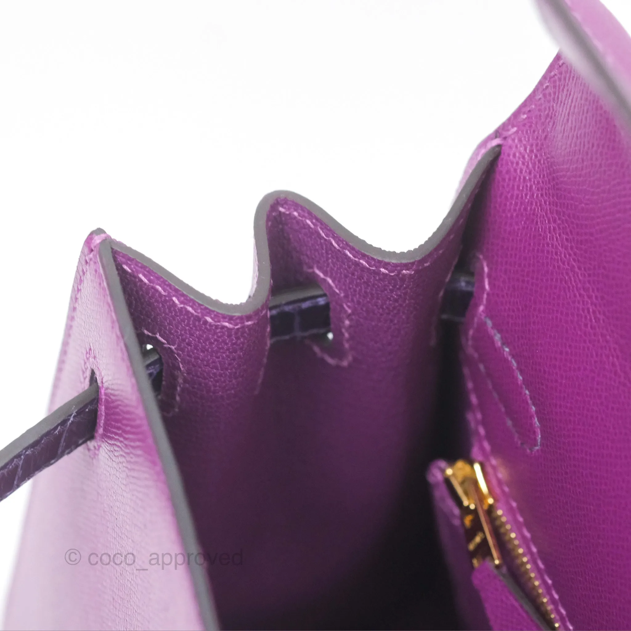 Herms Kelly 25 Sellier Touch Anemone/ Amethyste Madame/ Croc Gold Hardware
