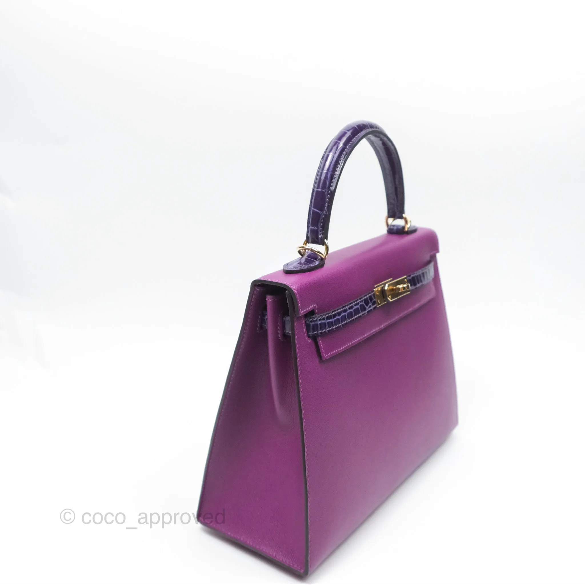 Herms Kelly 25 Sellier Touch Anemone/ Amethyste Madame/ Croc Gold Hardware