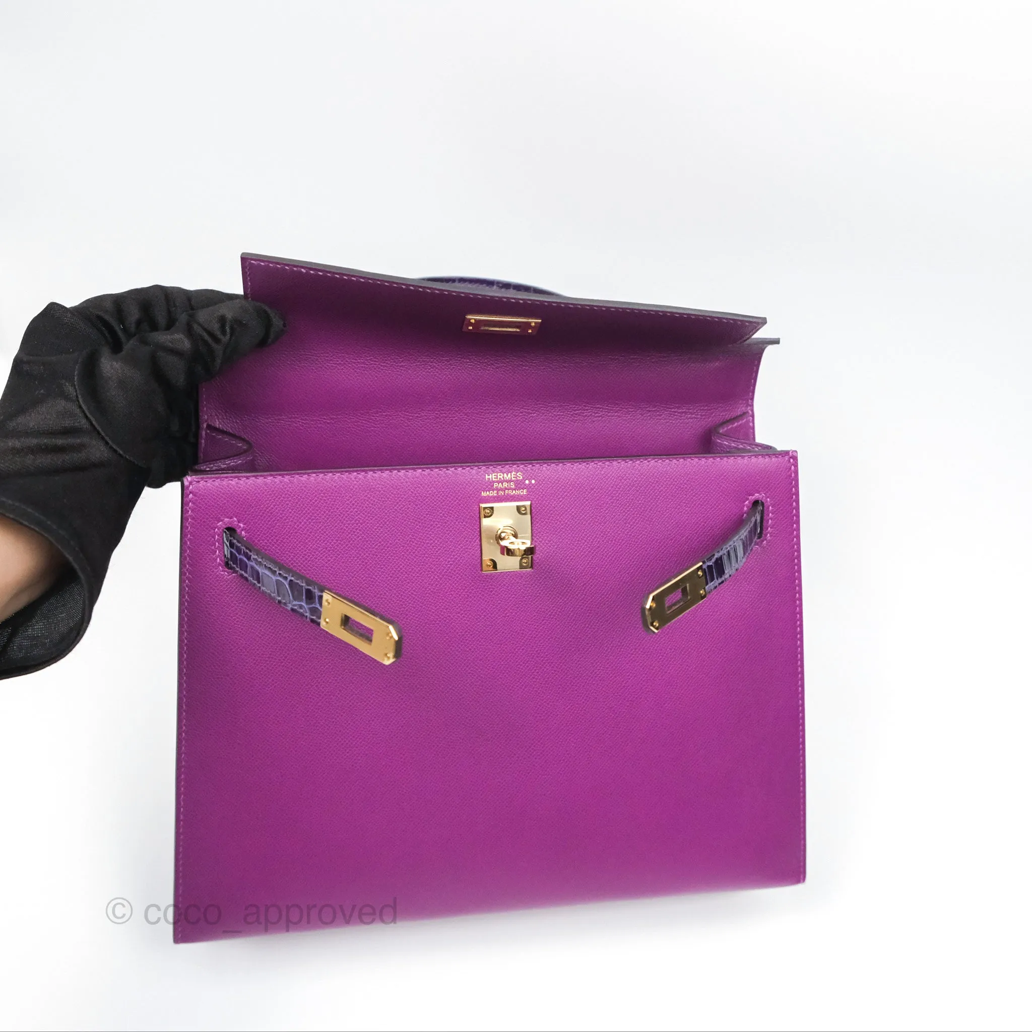 Herms Kelly 25 Sellier Touch Anemone/ Amethyste Madame/ Croc Gold Hardware