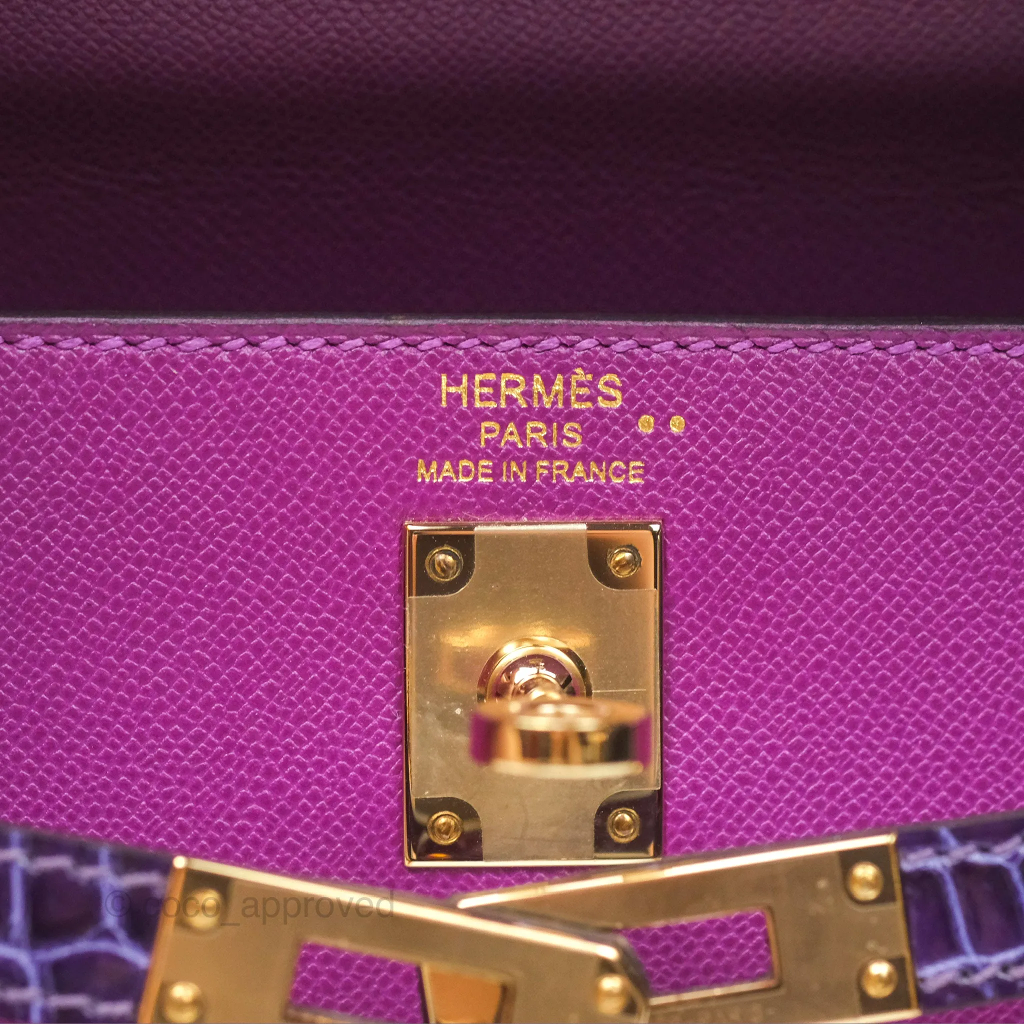 Herms Kelly 25 Sellier Touch Anemone/ Amethyste Madame/ Croc Gold Hardware