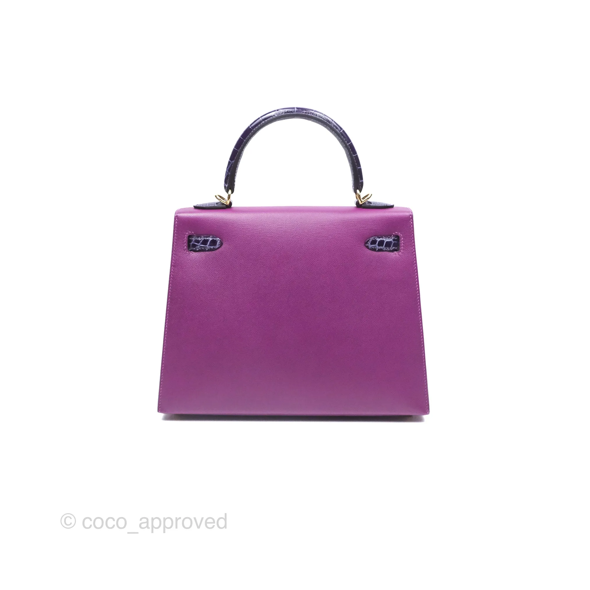 Herms Kelly 25 Sellier Touch Anemone/ Amethyste Madame/ Croc Gold Hardware