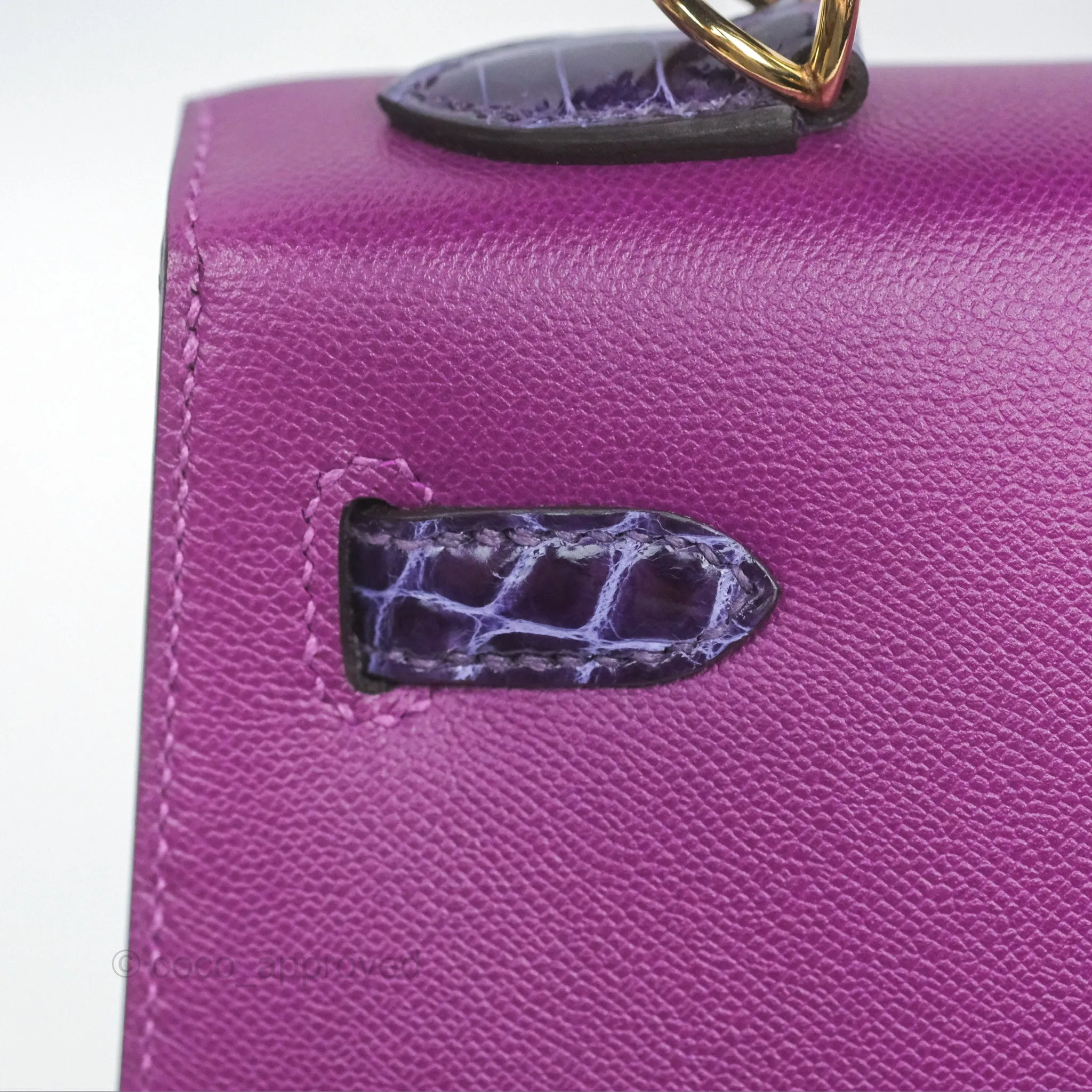 Herms Kelly 25 Sellier Touch Anemone/ Amethyste Madame/ Croc Gold Hardware