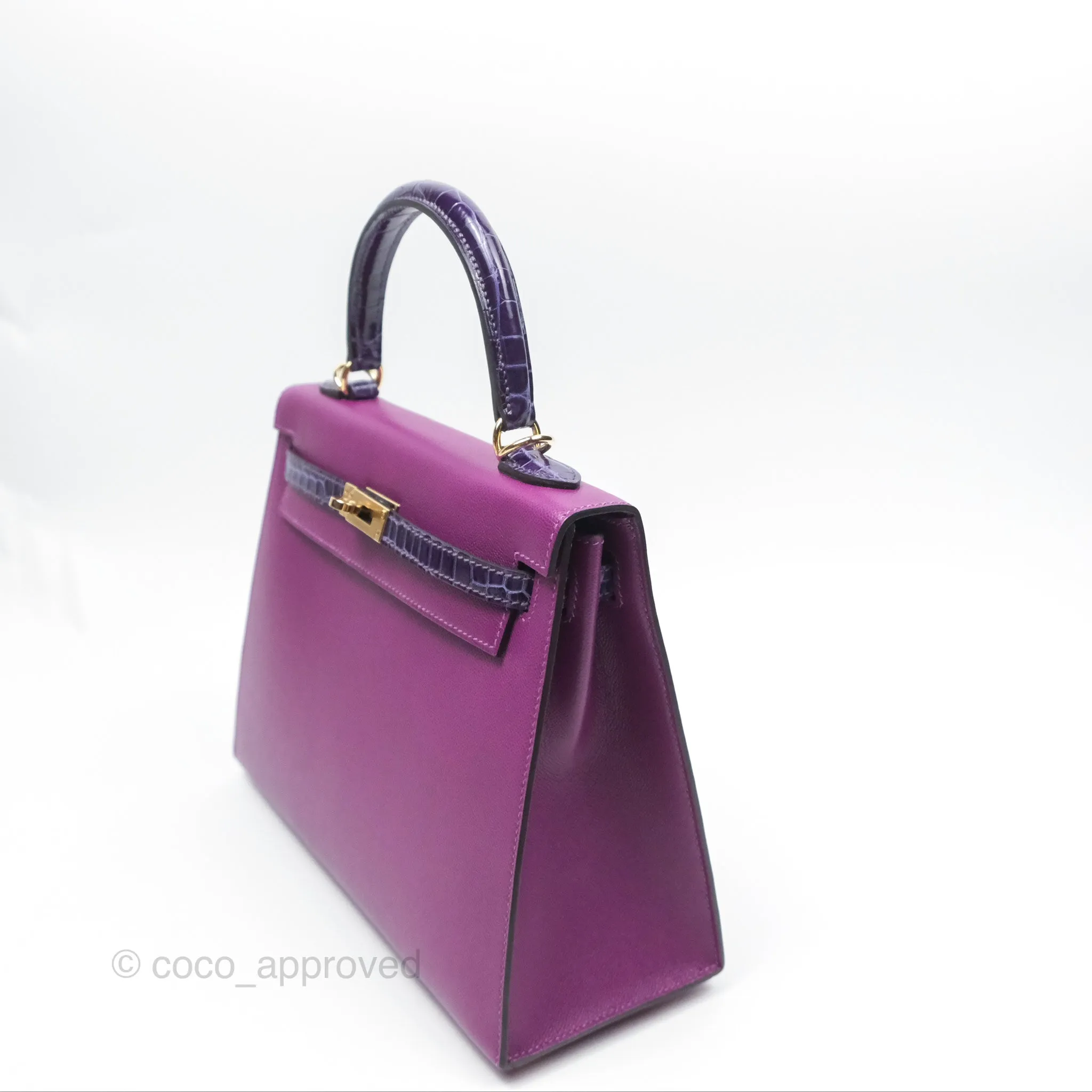 Herms Kelly 25 Sellier Touch Anemone/ Amethyste Madame/ Croc Gold Hardware