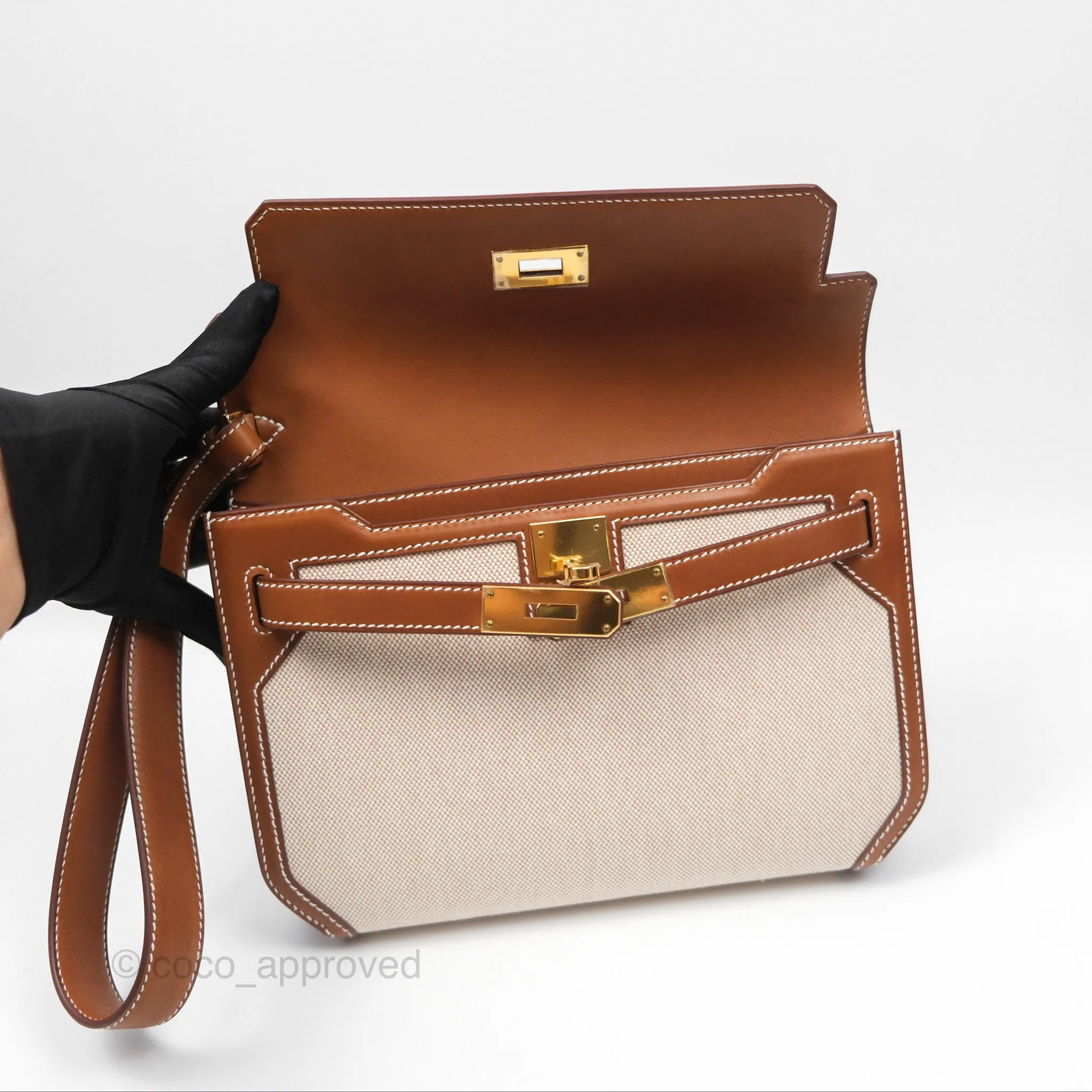 Herms Kelly Depeches 25 Pouch Ecru-beige 14 Toile H/ Fauve 34 Barenia Gold Hardware